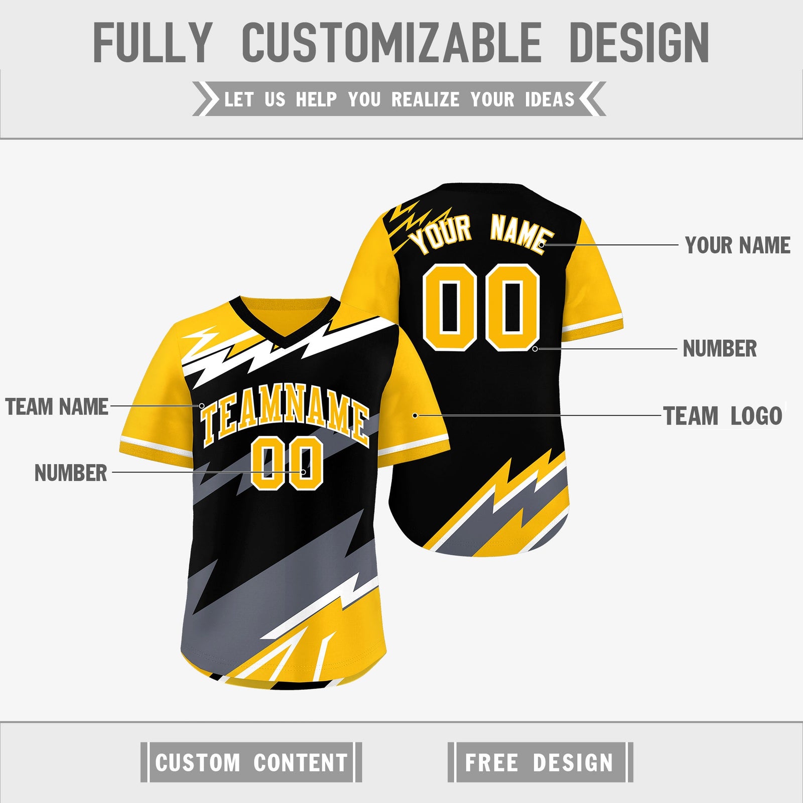 Custom Black Yellow Gray Reversible Tops Lightning Pattern Graffiti Pattern Pullover V-Neck Baseball Jersey| KXKSHOP