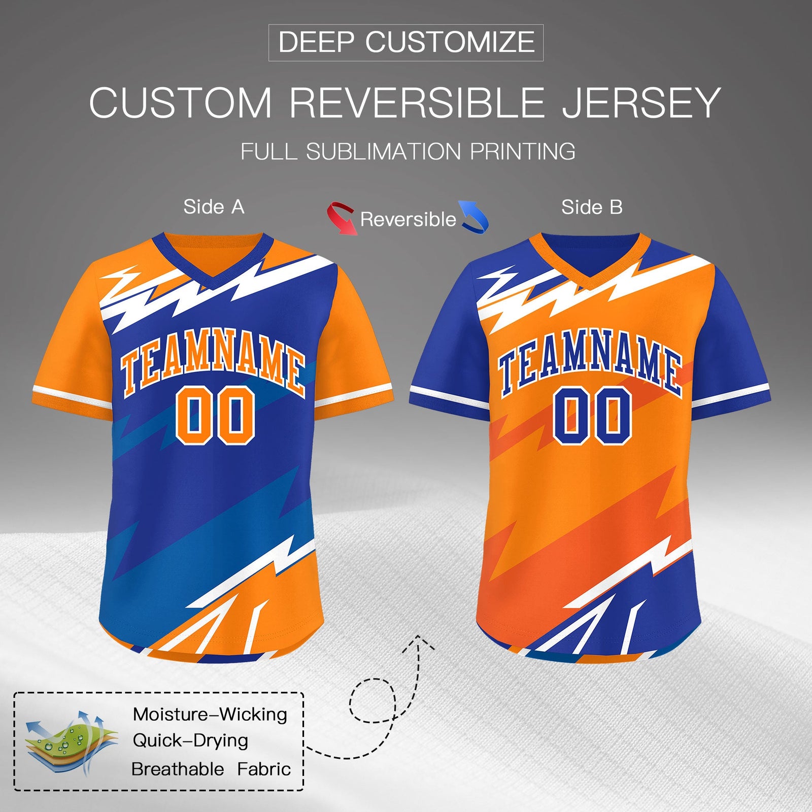 Custom Royal Blue Orange Royal Reversible Tops Lightning Pattern Graffiti Pattern Pullover V-Neck Baseball Jersey| KXKSHOP