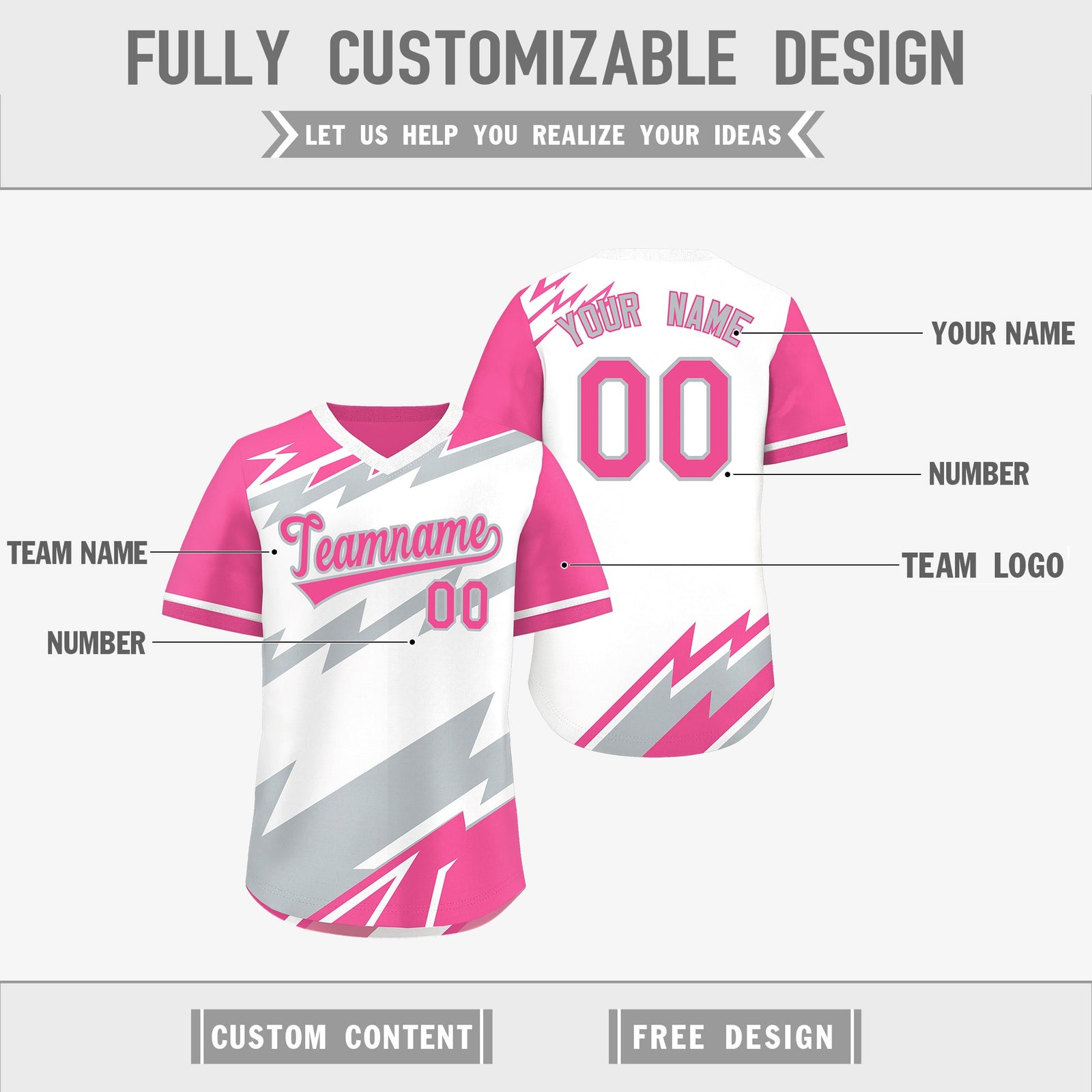 Custom White Pink Silver Reversible Tops Lightning Pattern Graffiti Pattern Pullover V-Neck Baseball Jersey| KXKSHOP