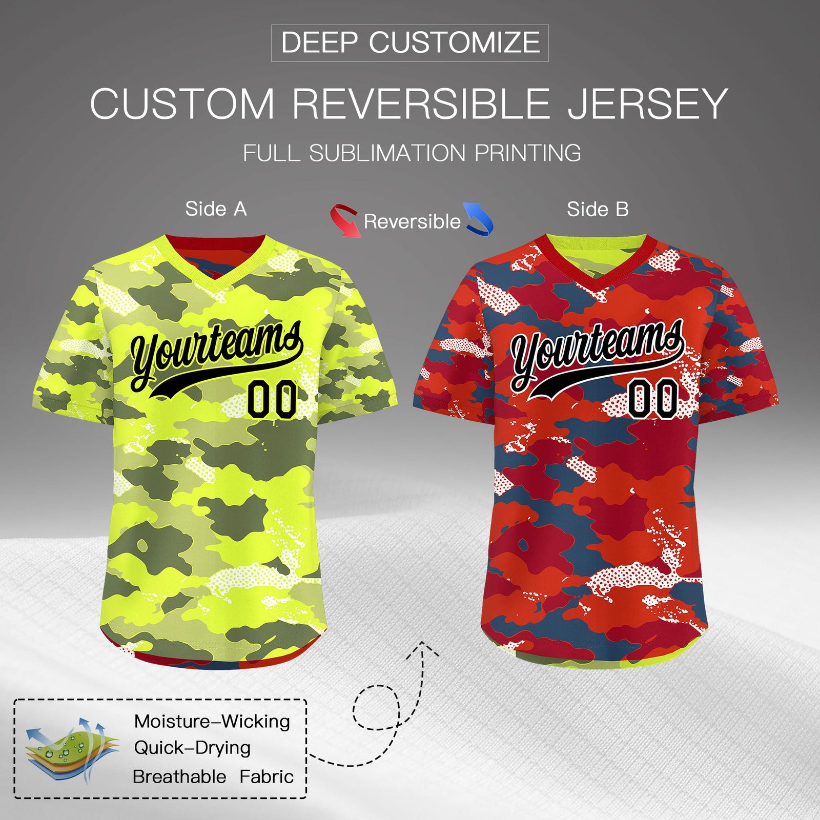 Custom Fluorescent Green Crimson Reversible Camo Stretch Fabric Baseball Jersey| KXKSHOP
