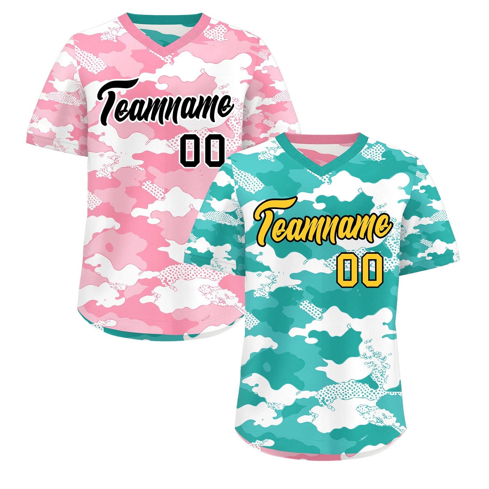 Custom Teal Aqua Light Pink Reversible Camo Stretch Fabric Baseball Jersey| KXKSHOP