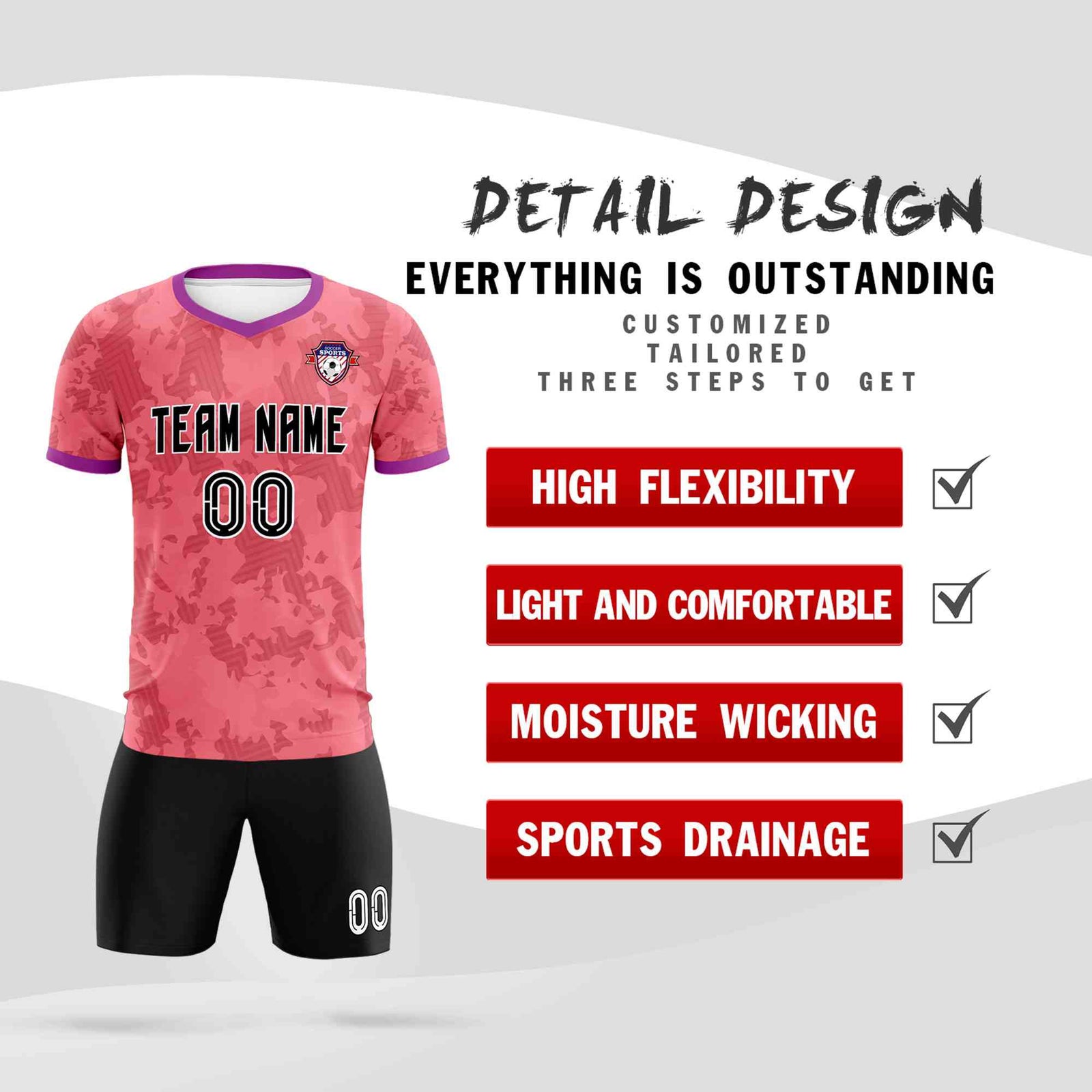 Custom Light Red Camo sports Soccer Tops/Sets Jersey