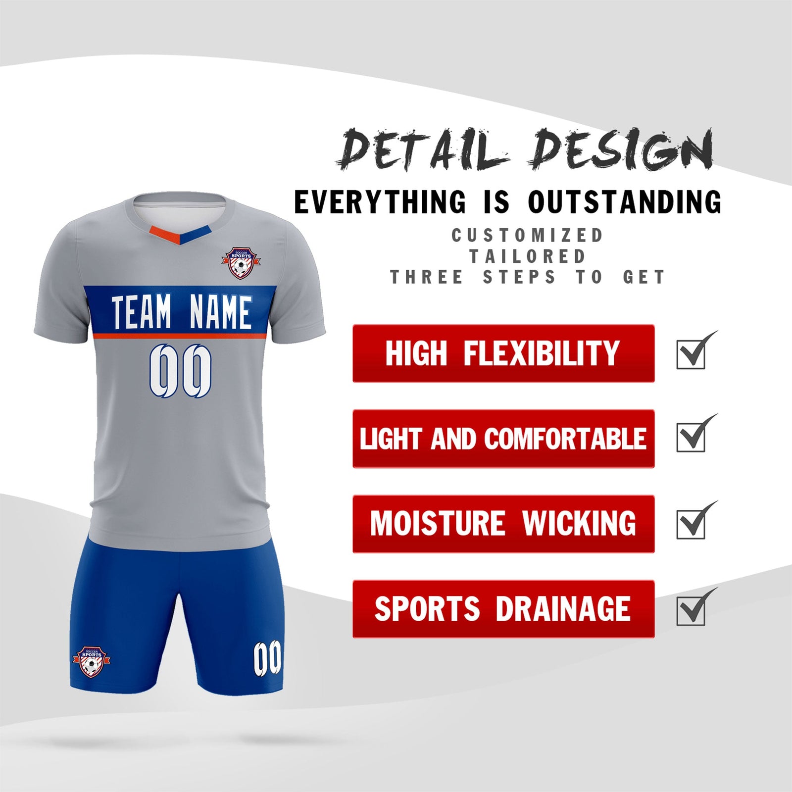 Custom Gray Classic Sports Sets Soccer Shirt Jersey