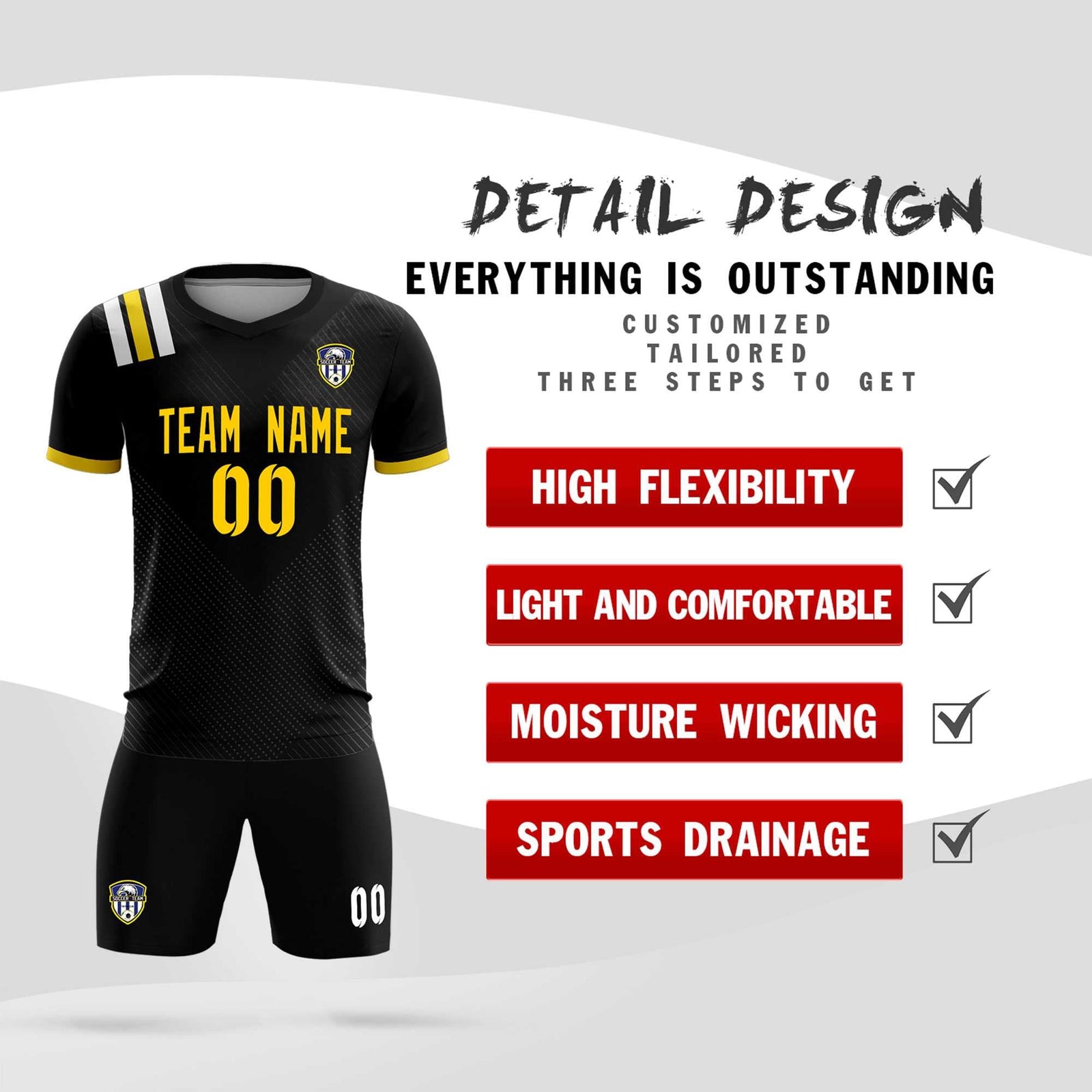 Custom Black Striped Sportswear Soccer Tops/Sets Jersey For Adults