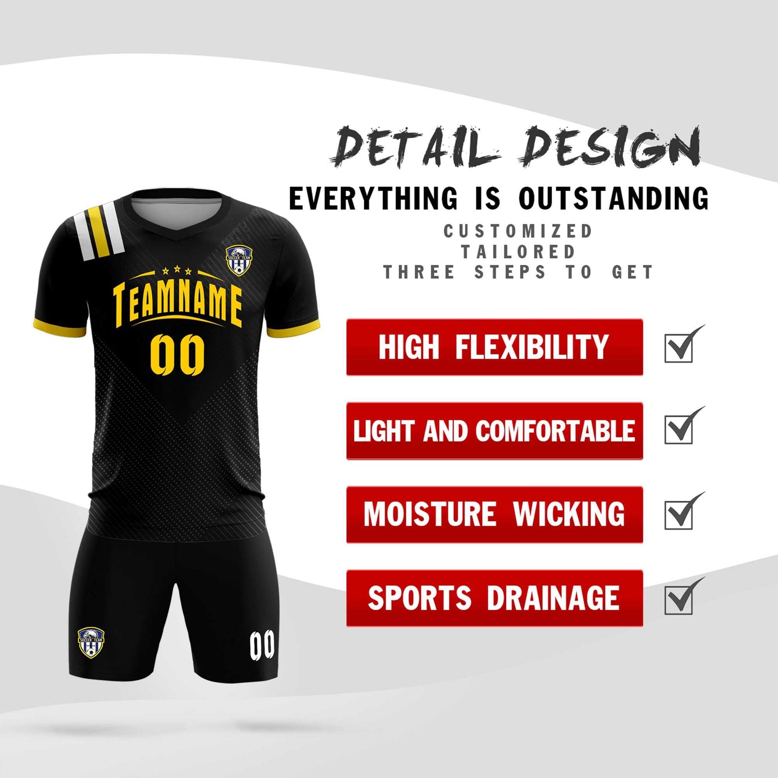 Custom Black Striped Sportswear Soccer Tops/Sets Jersey For Adults