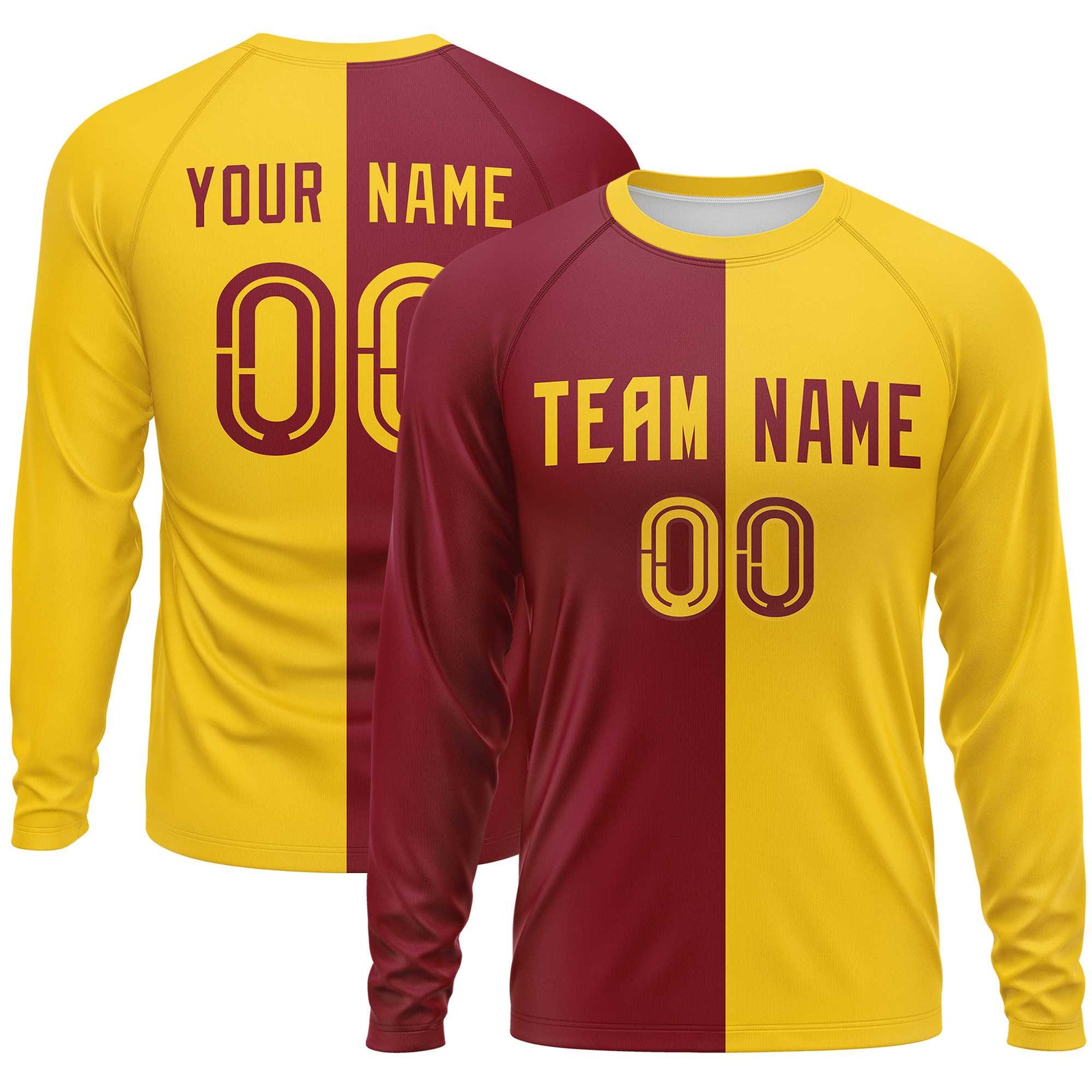Custom Crimson Gold Neck Split Design Long Sleeve Performance T-Shirt