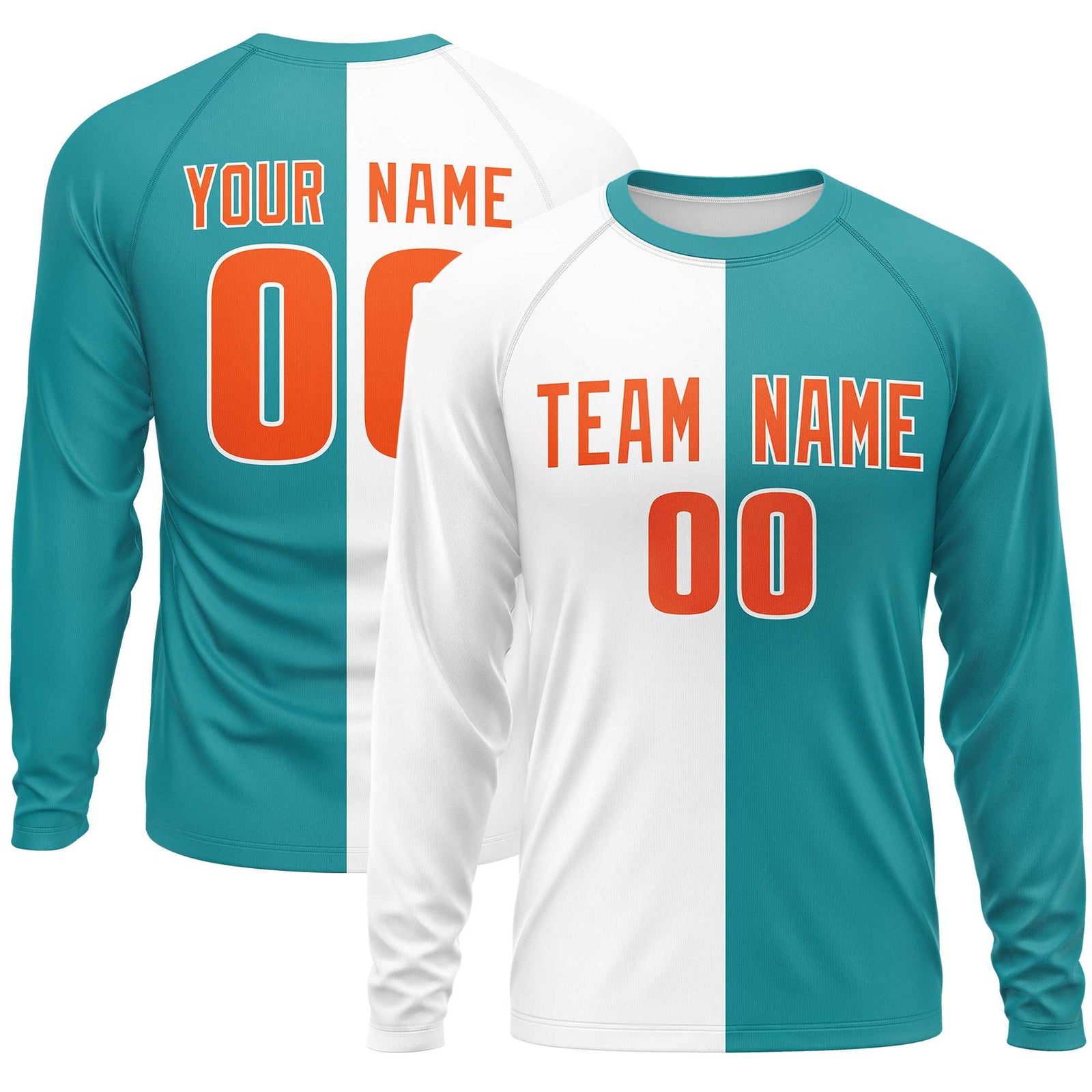 Custom White Aqua Neck Split Design Long Sleeve Performance T-Shirt