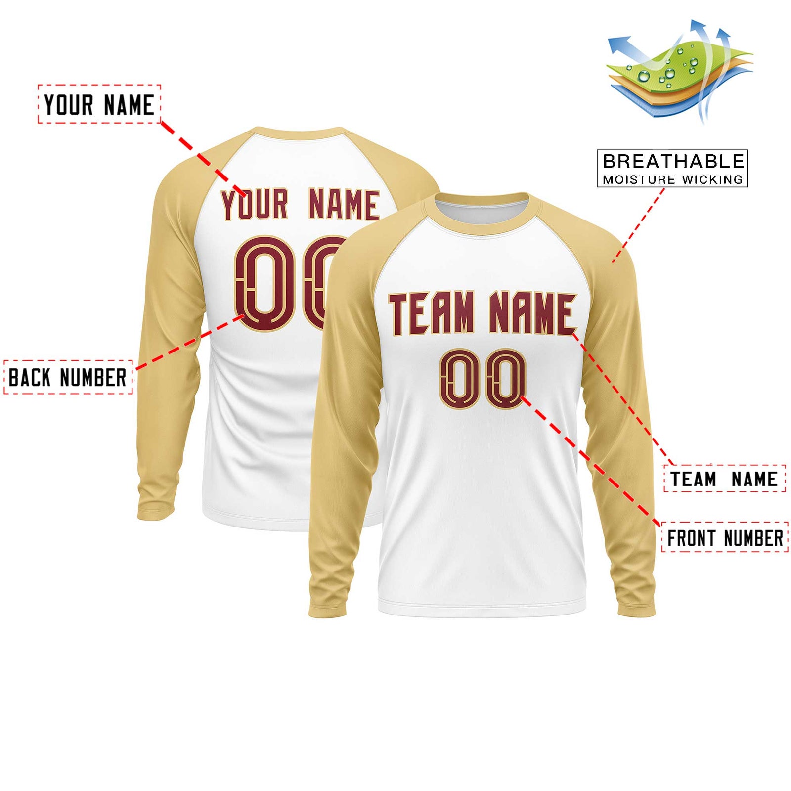 Custom White Khaki Crew Neck Split Design Long Sleeve Performance T-Shirt
