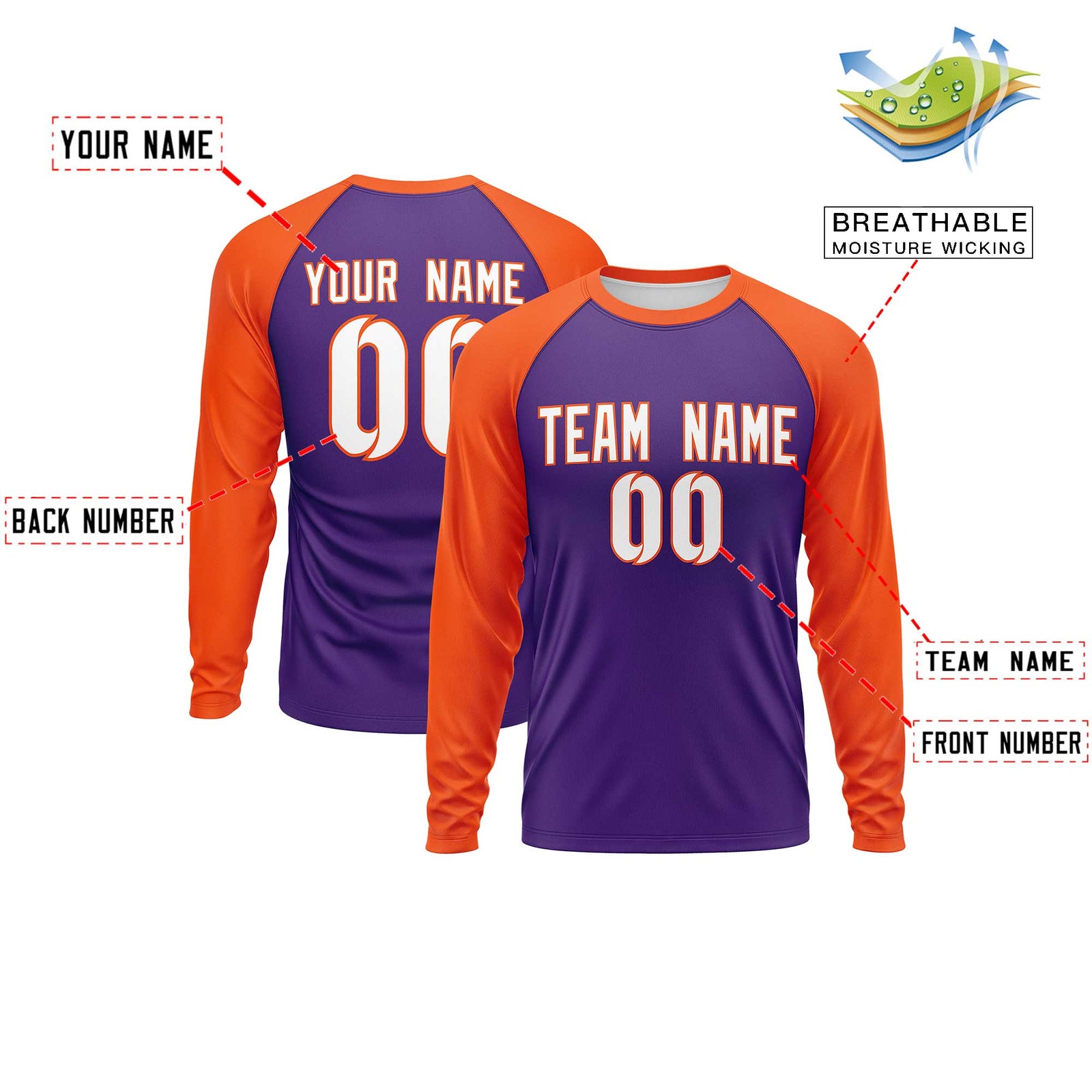 Custom Purple Orange Crew Neck Split Design Long Sleeve Performance T-Shirt