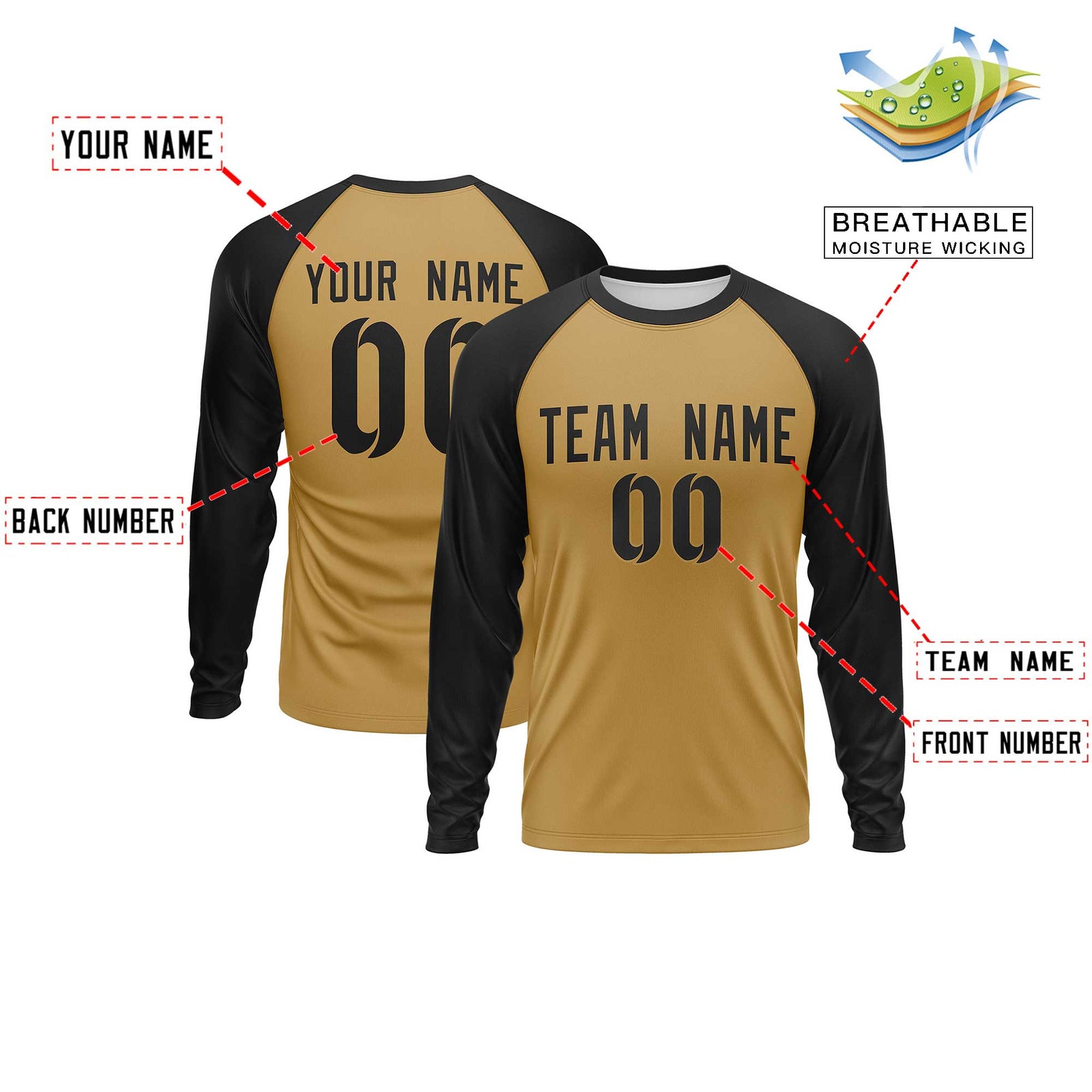 Custom Old Gold Black Crew Neck Split Design Long Sleeve Performance T-Shirt