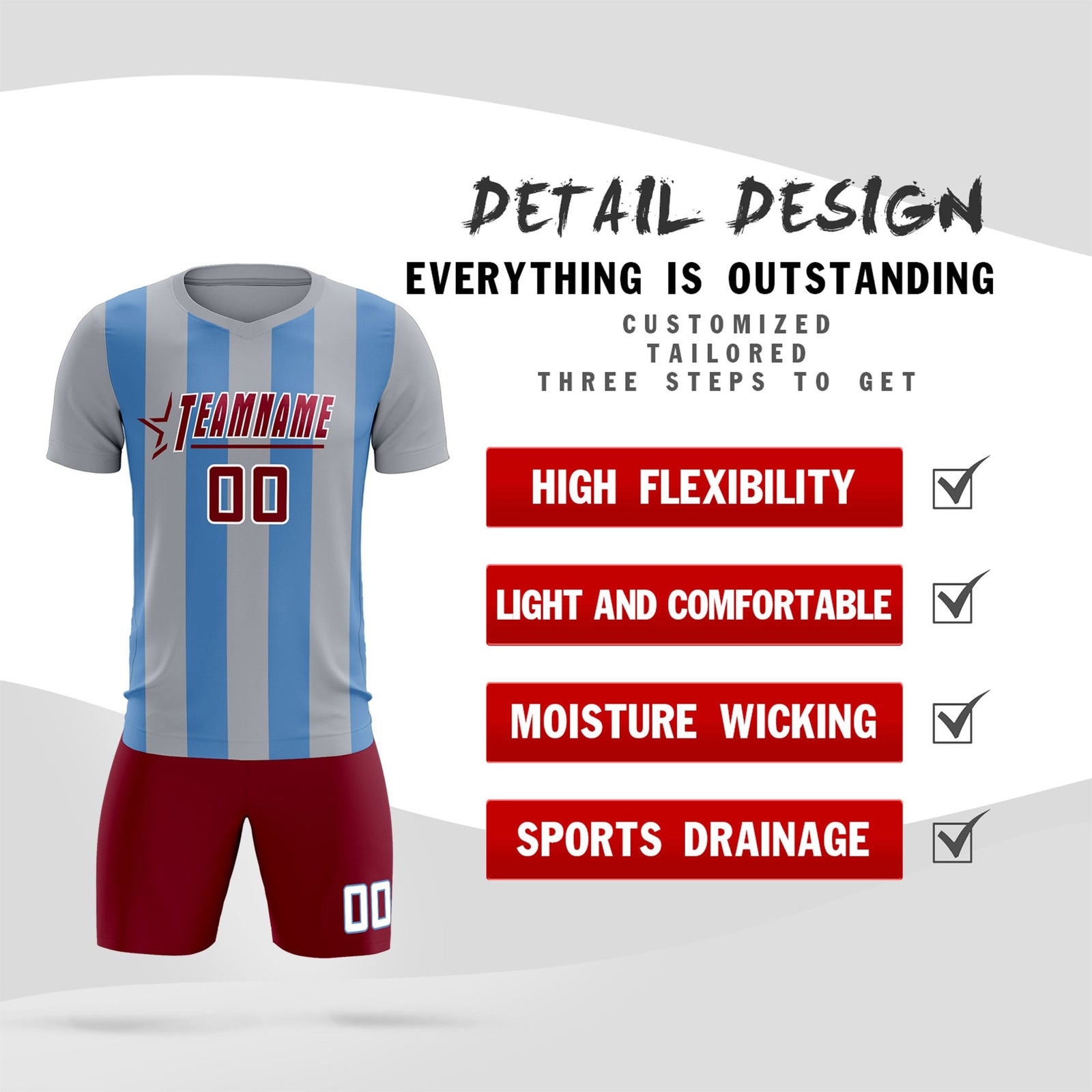 Custom Gray Light Blue Vertical Stripes Casual Outdoor Soccer Sets Jersey