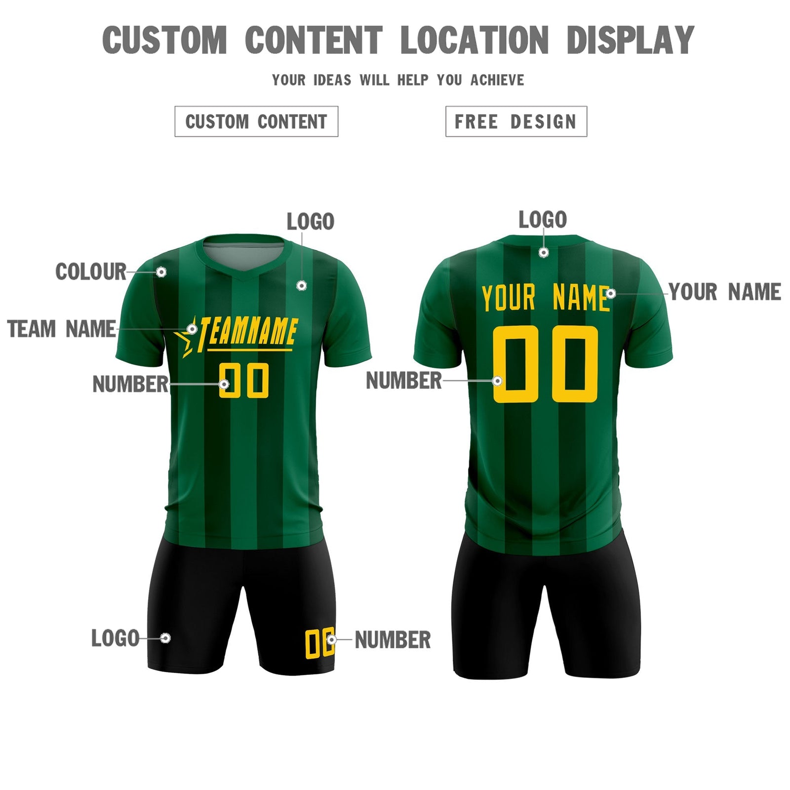 Custom Kelly Green Green Vertical Stripes Casual Outdoor Soccer Sets Jersey