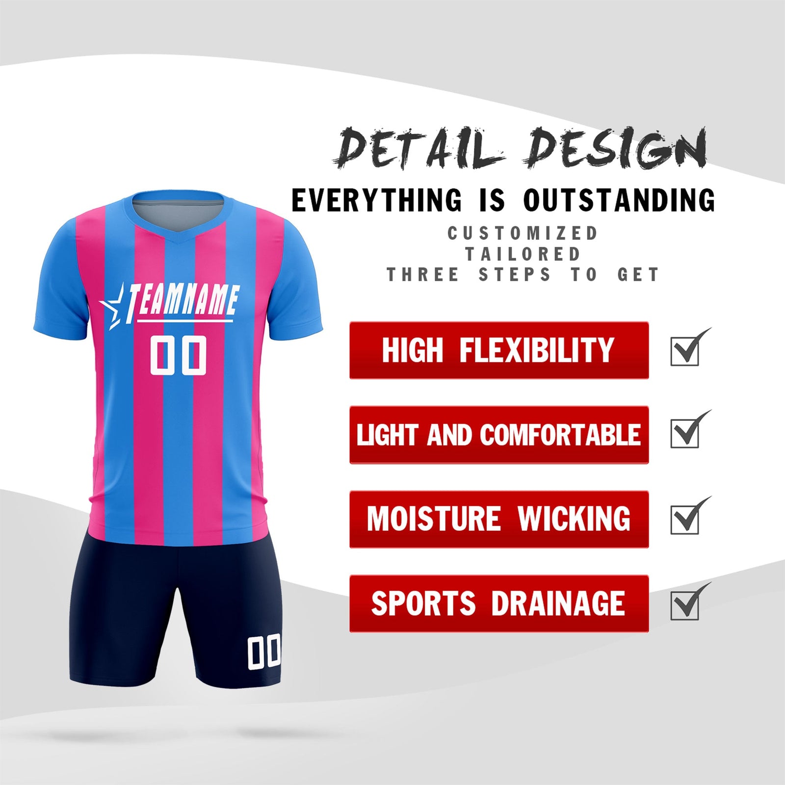 Custom Powder Blue Pink Vertical Stripes Casual Outdoor Soccer Sets Jersey