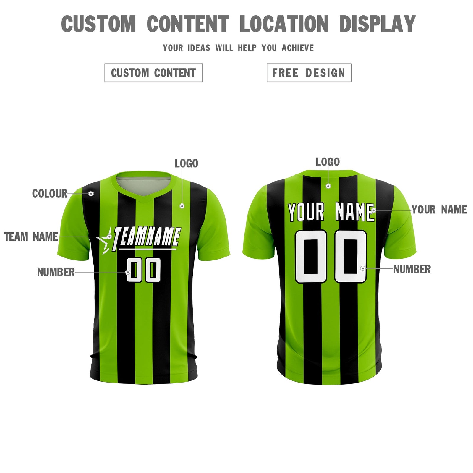 Custom Neon Green Black Vertical Stripes Casual Outdoor Soccer Sets Jersey