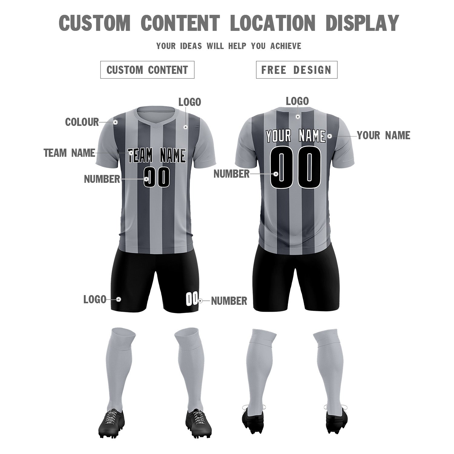 Custom Gray Dark Gray Vertical Stripes Casual Outdoor Soccer Sets Jersey
