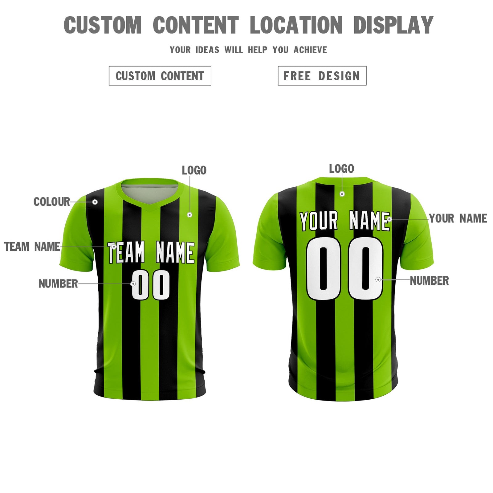 Custom Neon Green Black Vertical Stripes Casual Outdoor Soccer Sets Jersey