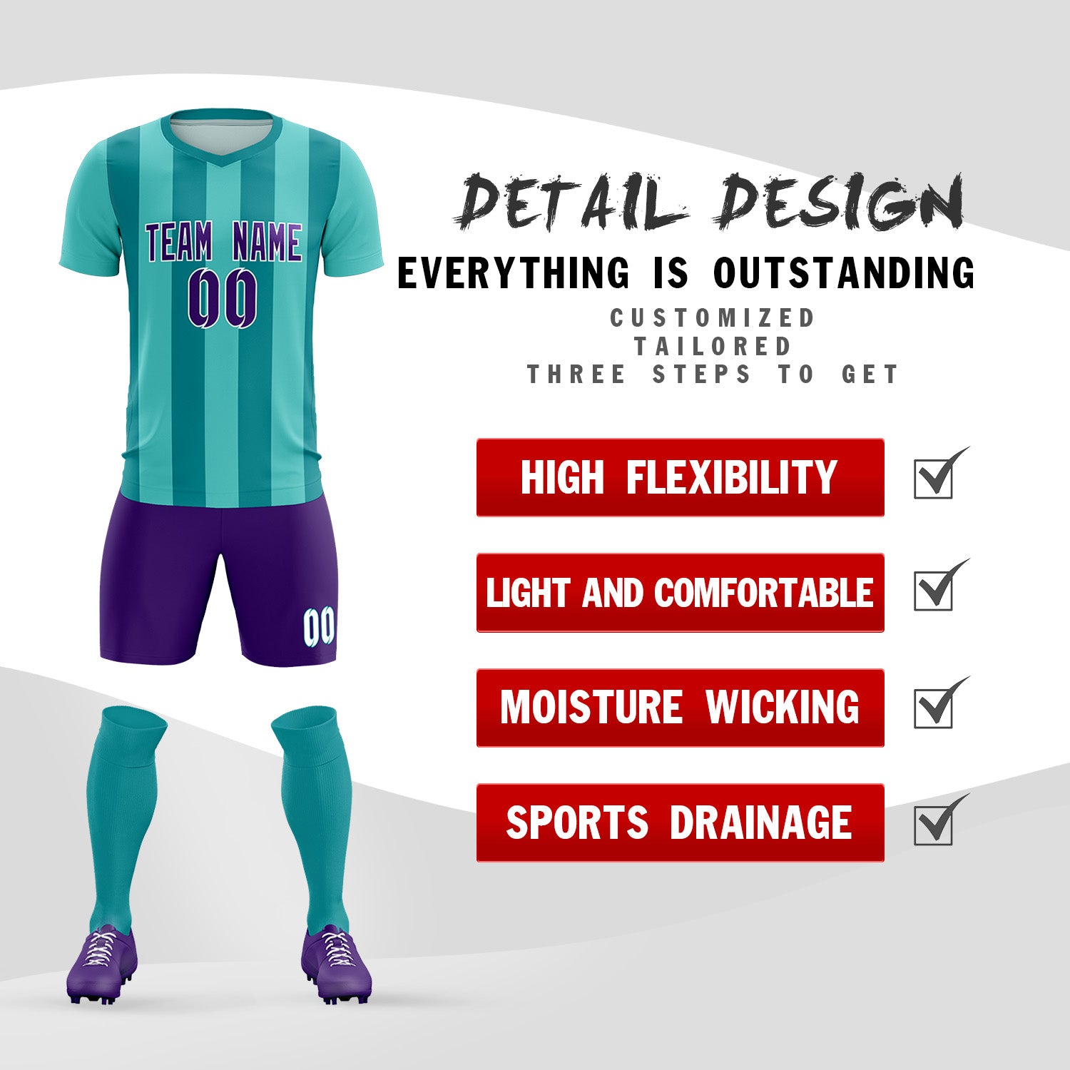 Custom Bright Green Aqua Vertical Stripes Casual Outdoor Soccer Sets Jersey