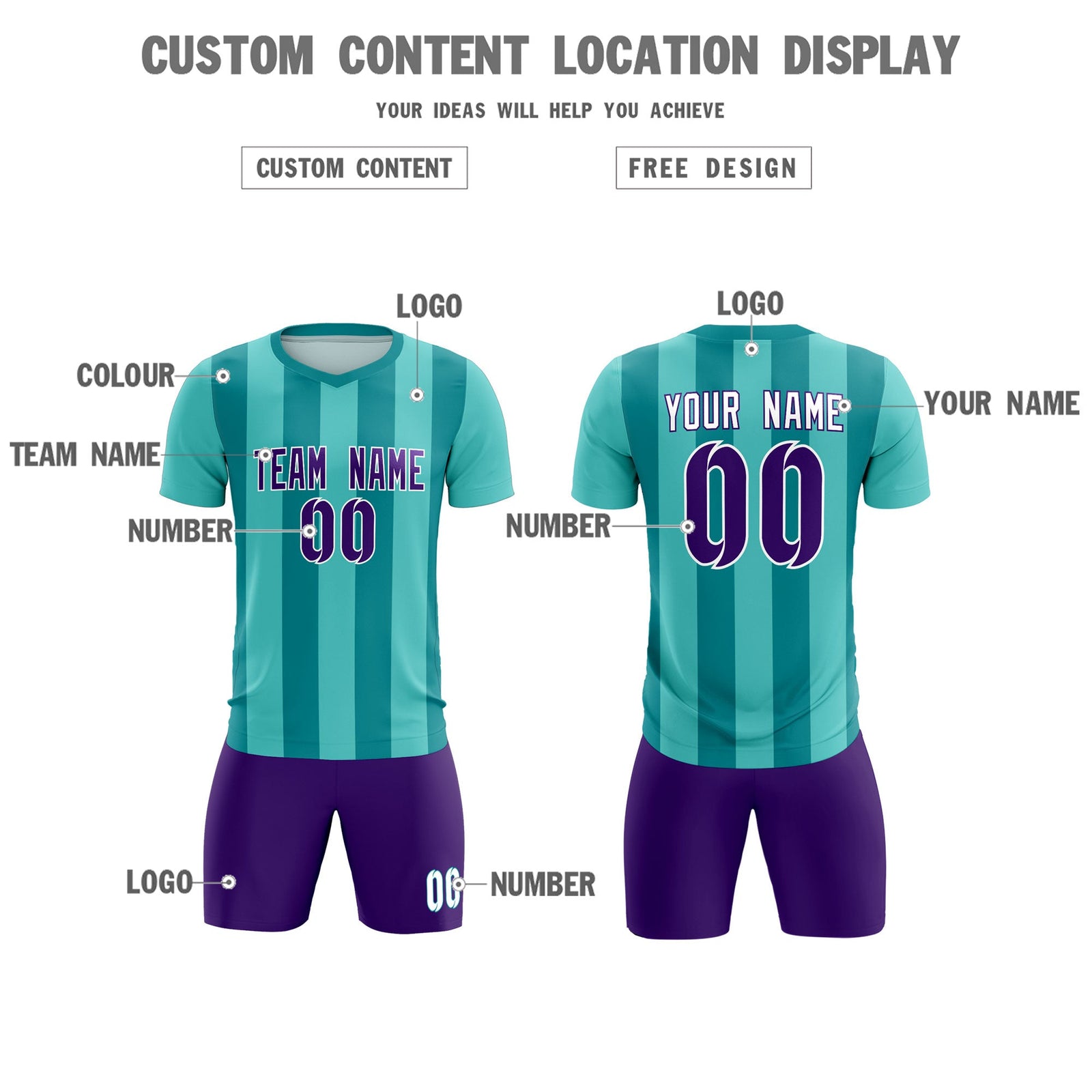 Custom Bright Green Aqua Vertical Stripes Casual Outdoor Soccer Sets Jersey