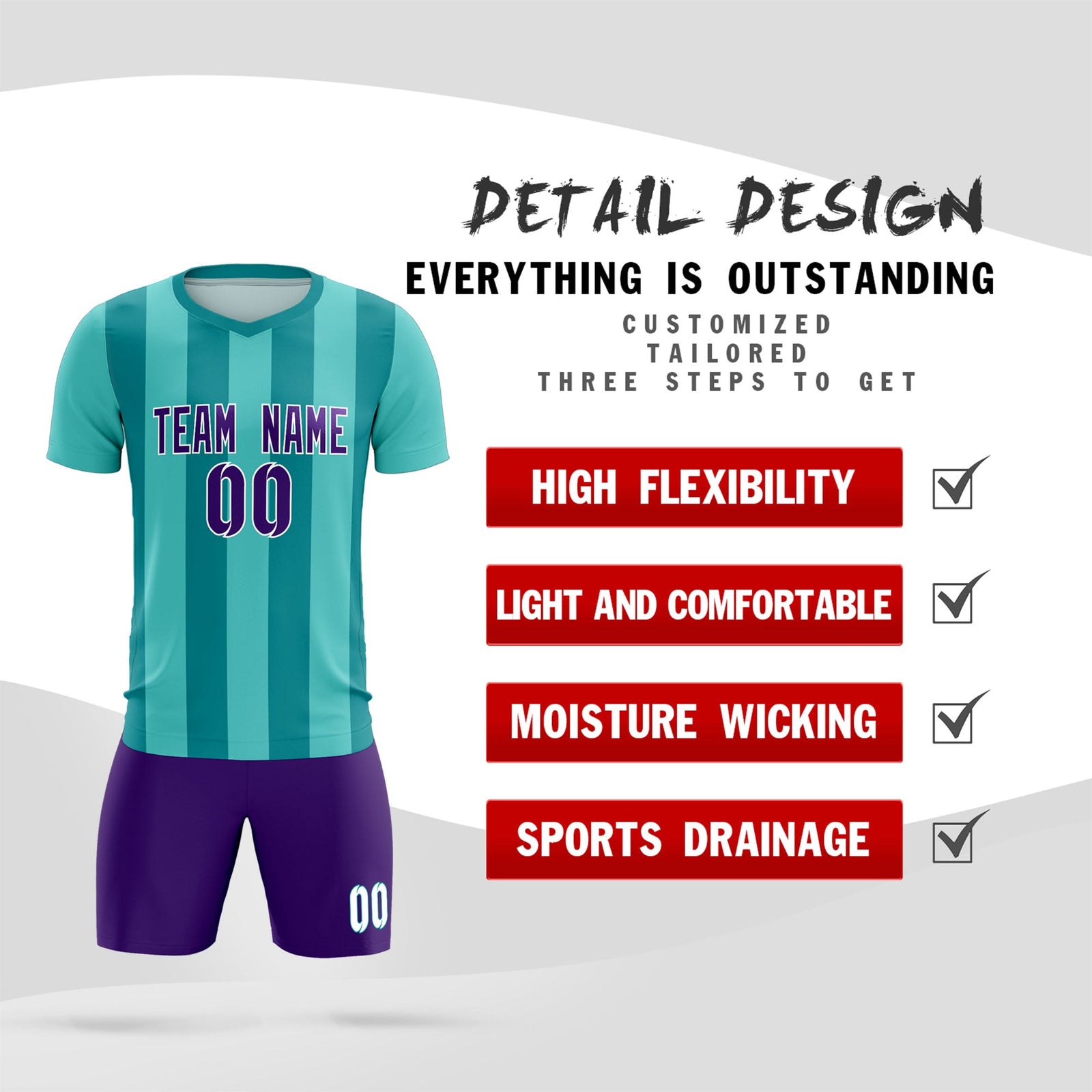 Custom Bright Green Aqua Vertical Stripes Casual Outdoor Soccer Sets Jersey