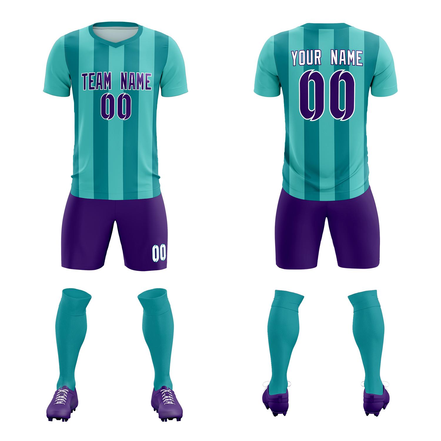 Custom Bright Green Aqua Vertical Stripes Casual Outdoor Soccer Sets Jersey