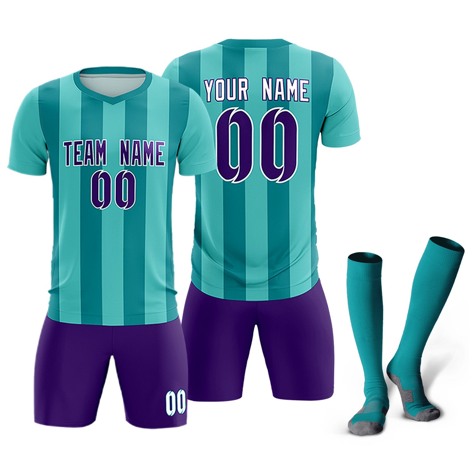 Custom Bright Green Aqua Vertical Stripes Casual Outdoor Soccer Sets Jersey