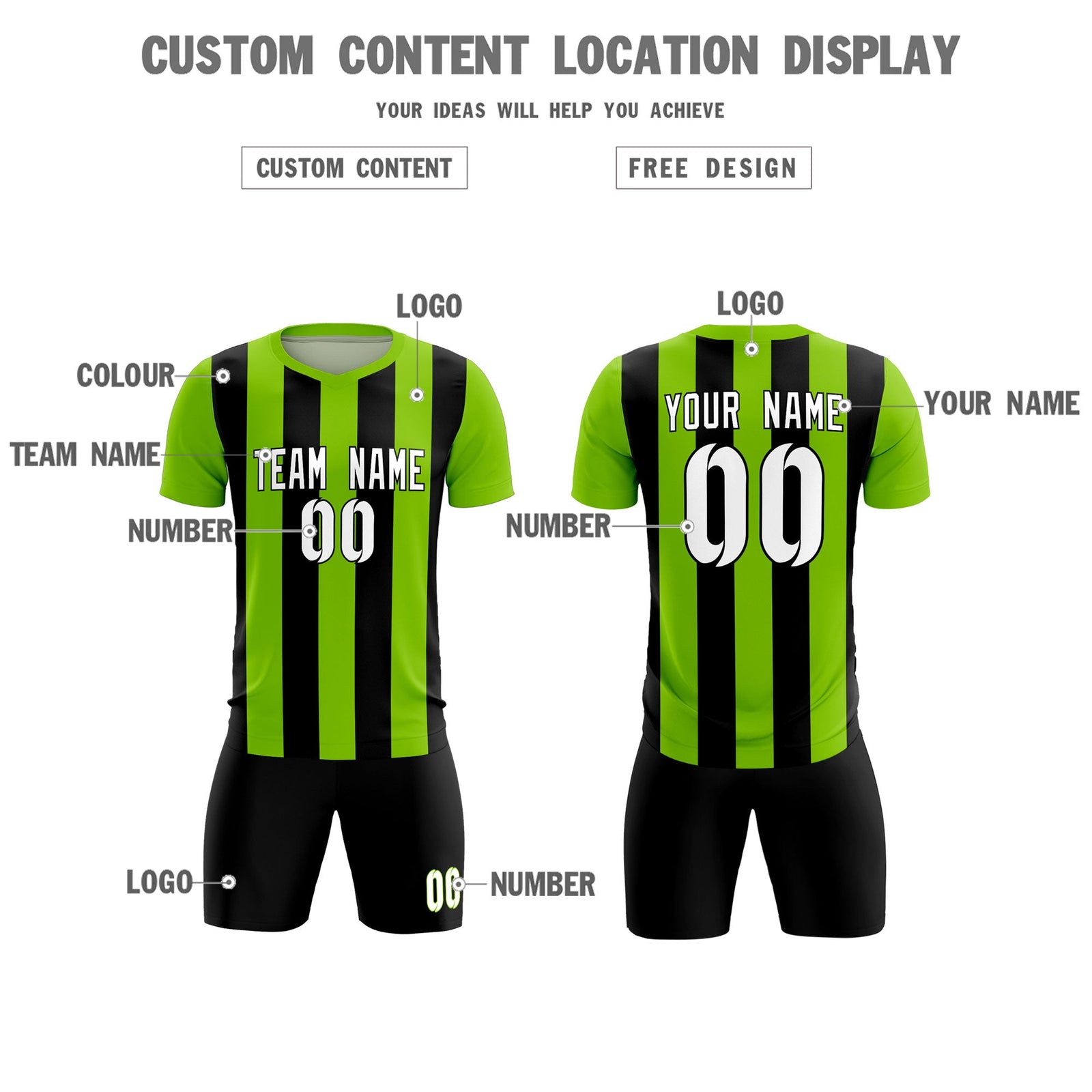 Custom Neon Green Black Vertical Stripes Casual Outdoor Soccer Sets Jersey