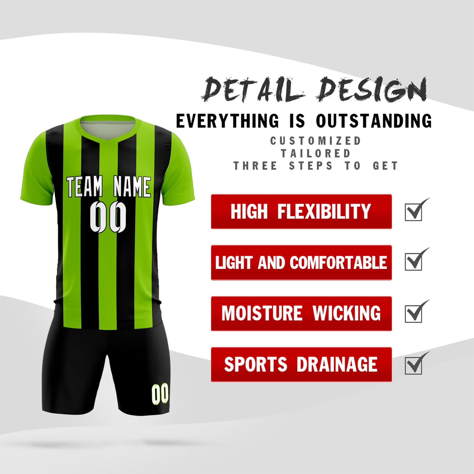 Custom Neon Green Black Vertical Stripes Casual Outdoor Soccer Sets Jersey