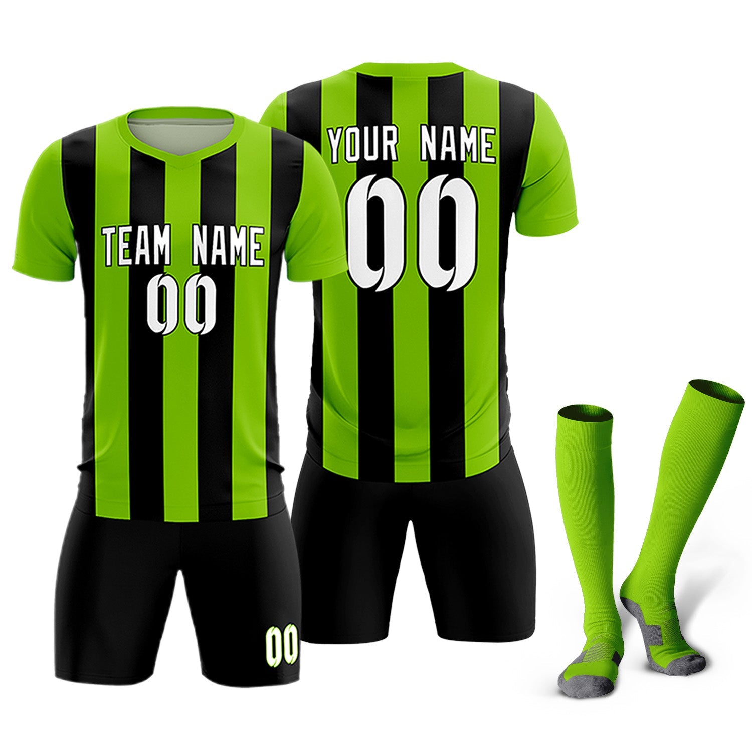 Custom Neon Green Black Vertical Stripes Casual Outdoor Soccer Sets Jersey