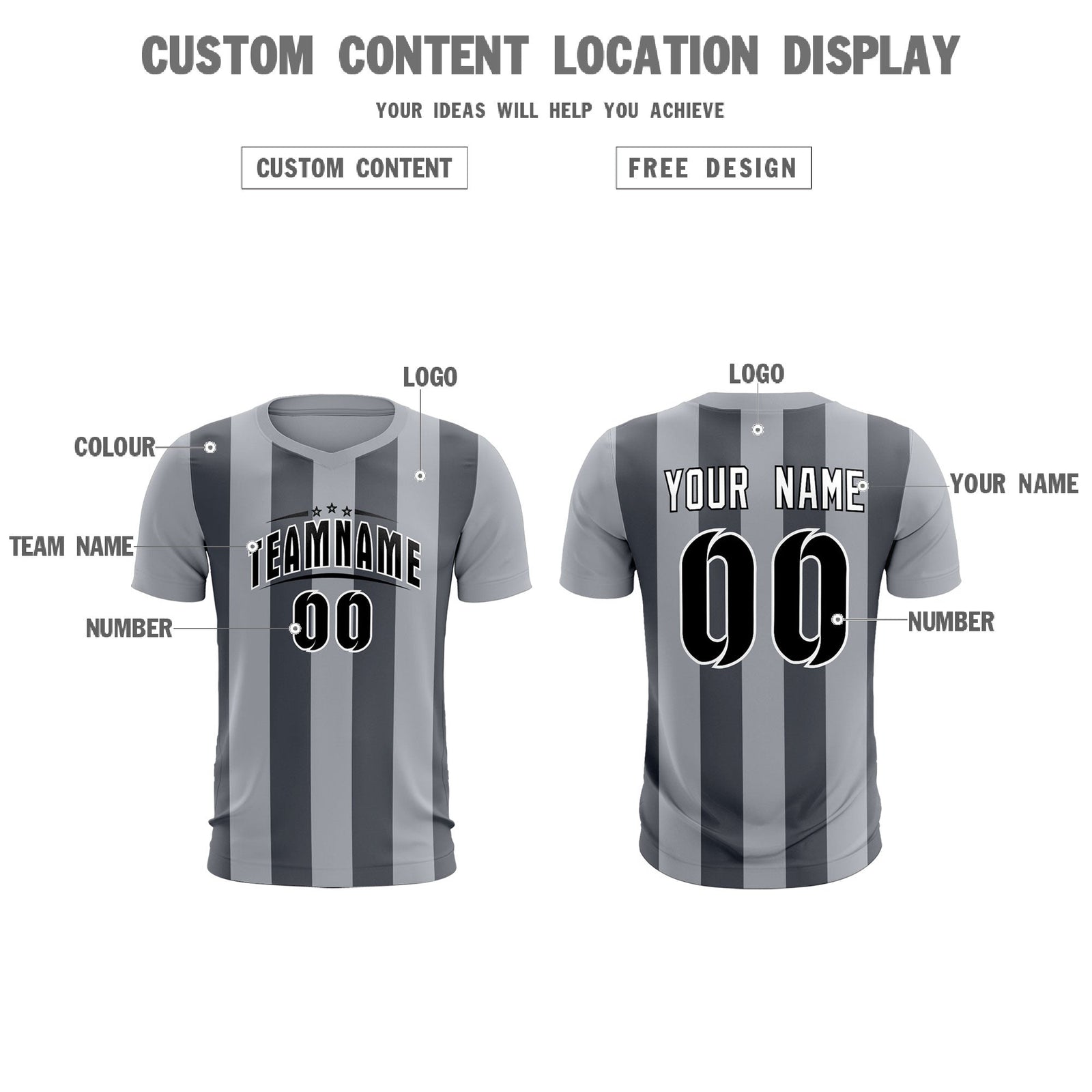 Custom Gray Dark Gray Vertical Stripes Casual Outdoor Soccer Sets Jersey