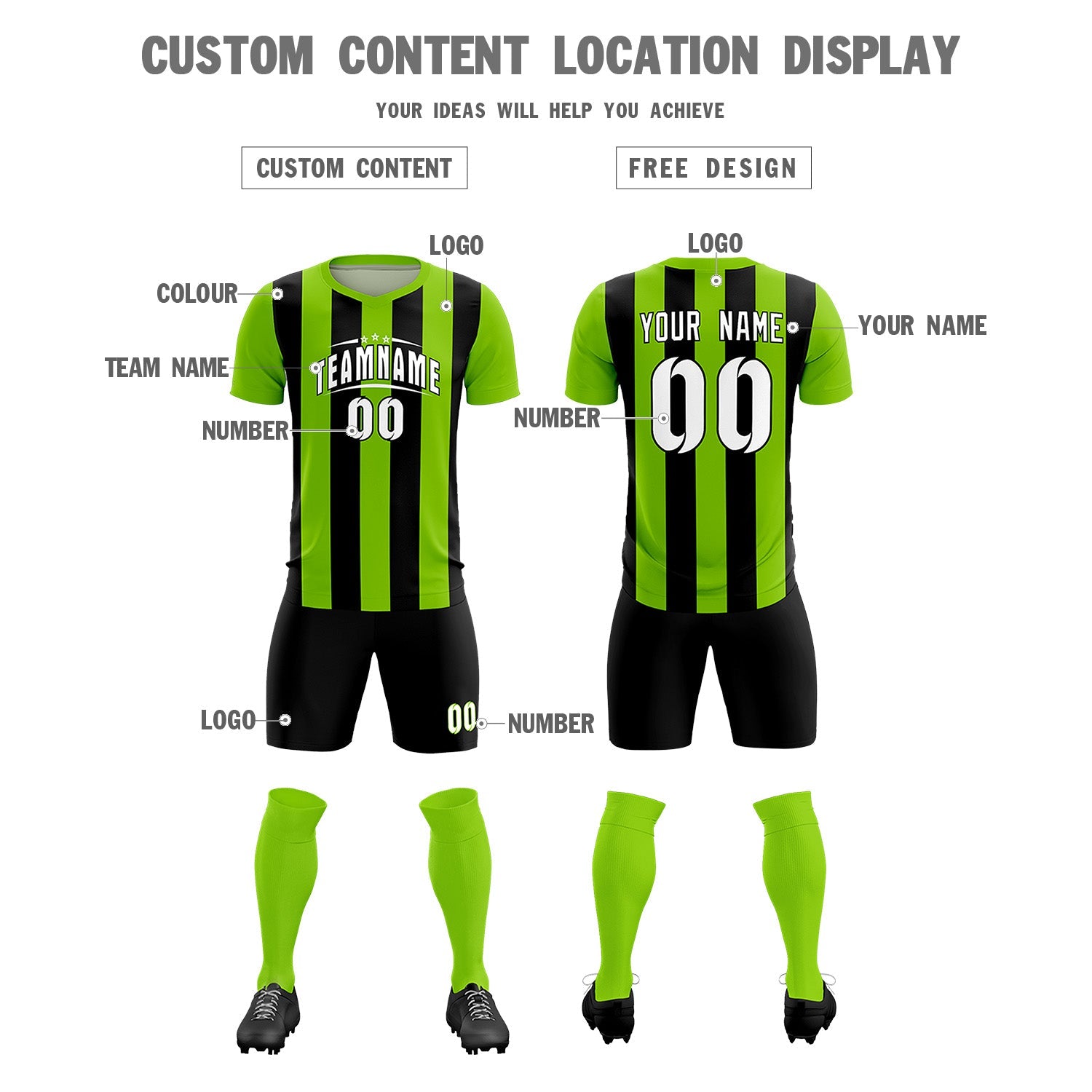 Custom Neon Green Black Vertical Stripes Casual Outdoor Soccer Sets Jersey