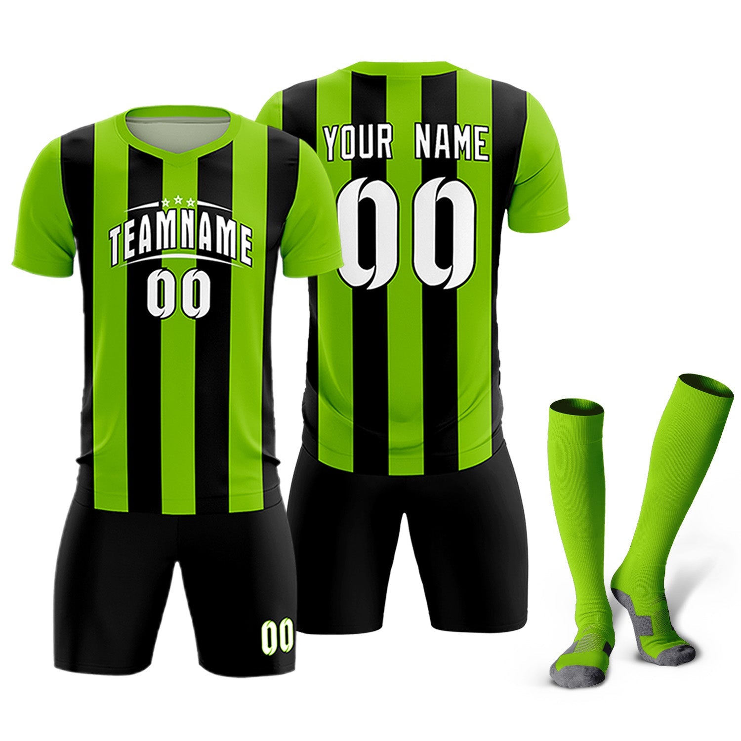 Custom Neon Green Black Vertical Stripes Casual Outdoor Soccer Sets Jersey