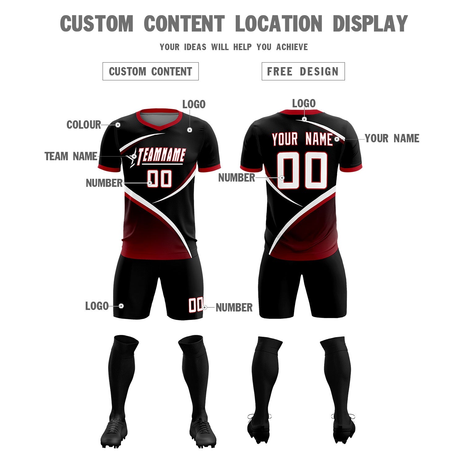 Custom Black Red Color Block Training Uniform For Men Soccer Sets Jersey