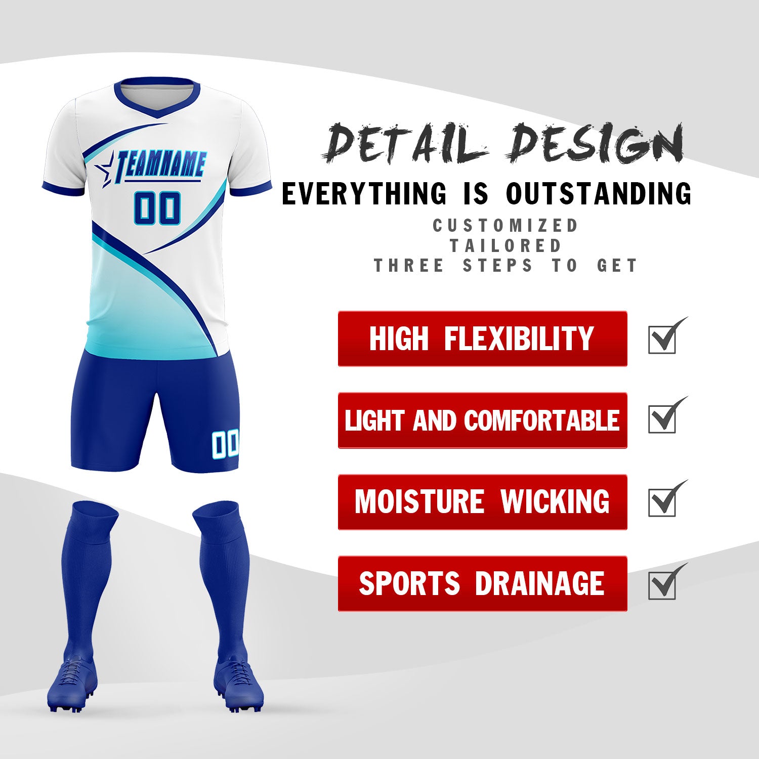 Custom White Sky Blue Color Block Training Uniform For Men Soccer Sets Jersey