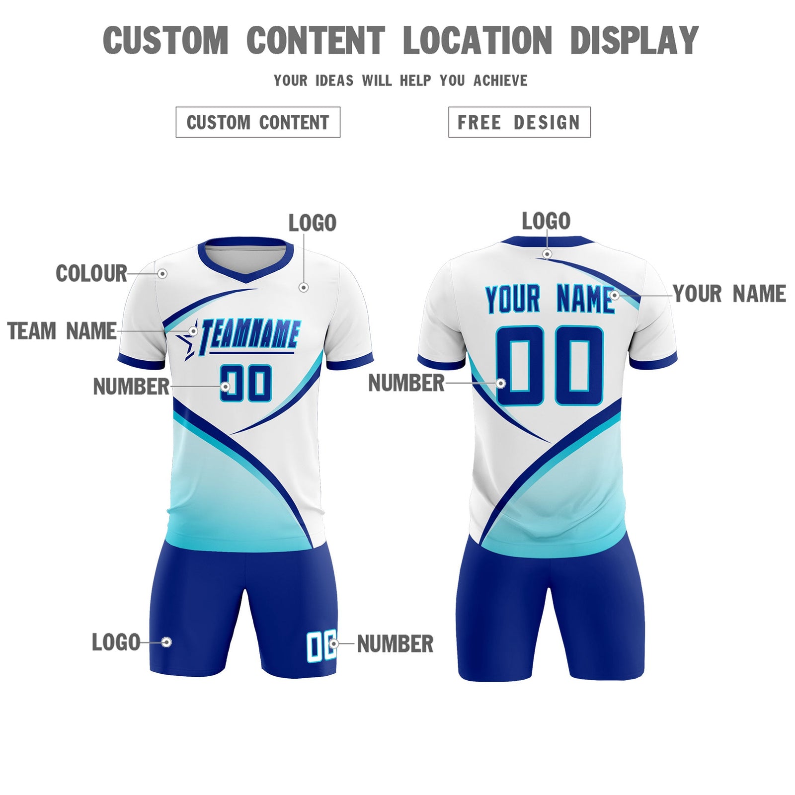 Custom White Sky Blue Color Block Training Uniform For Men Soccer Sets Jersey