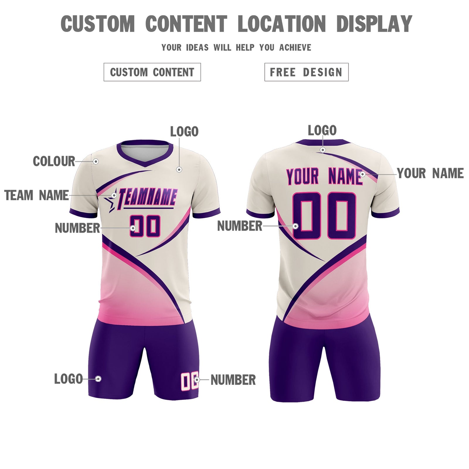 Custom Cream Purple Color Block Training Uniform For Men Soccer Sets Jersey