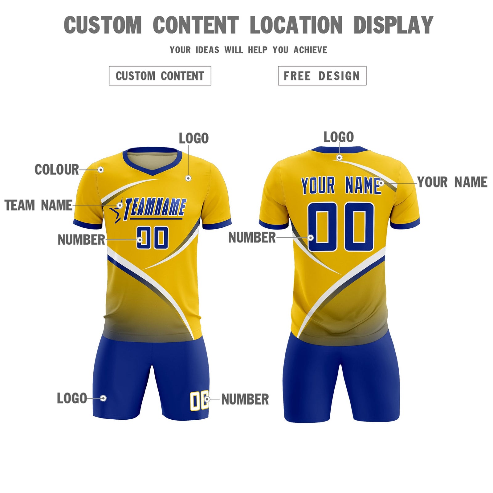 Custom Gold Royal Color Block Training Uniform For Men Soccer Sets Jersey