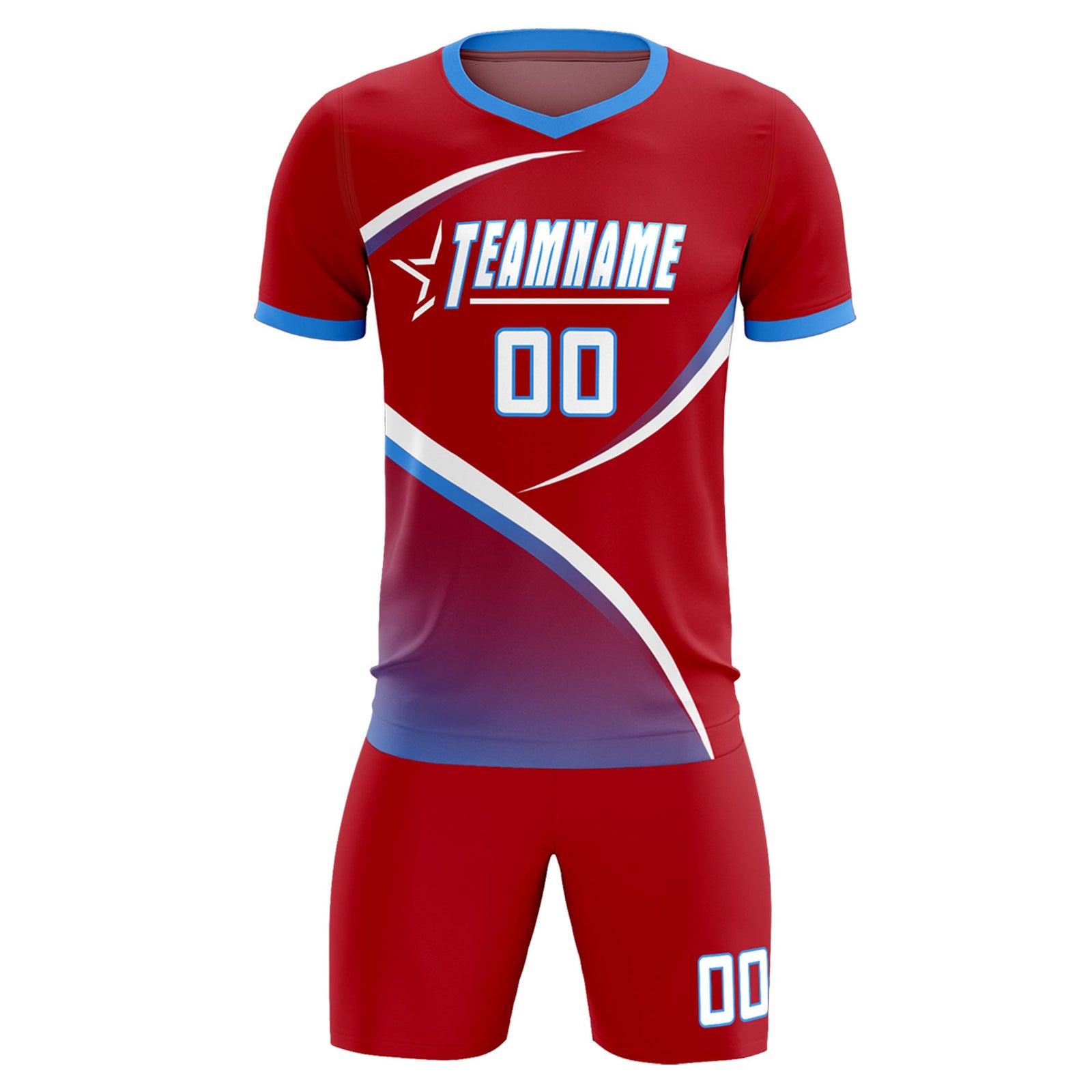 Custom Red Powder Blue Color Block Training Uniform For Men Soccer Sets Jersey