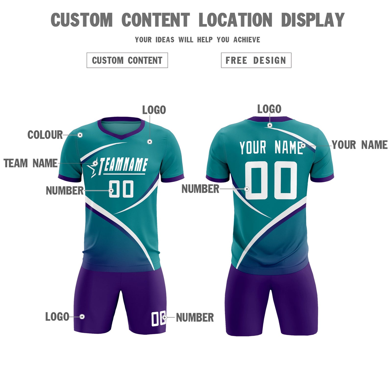 Custom Aqua Purple Color Block Training Uniform For Men Soccer Sets Jersey