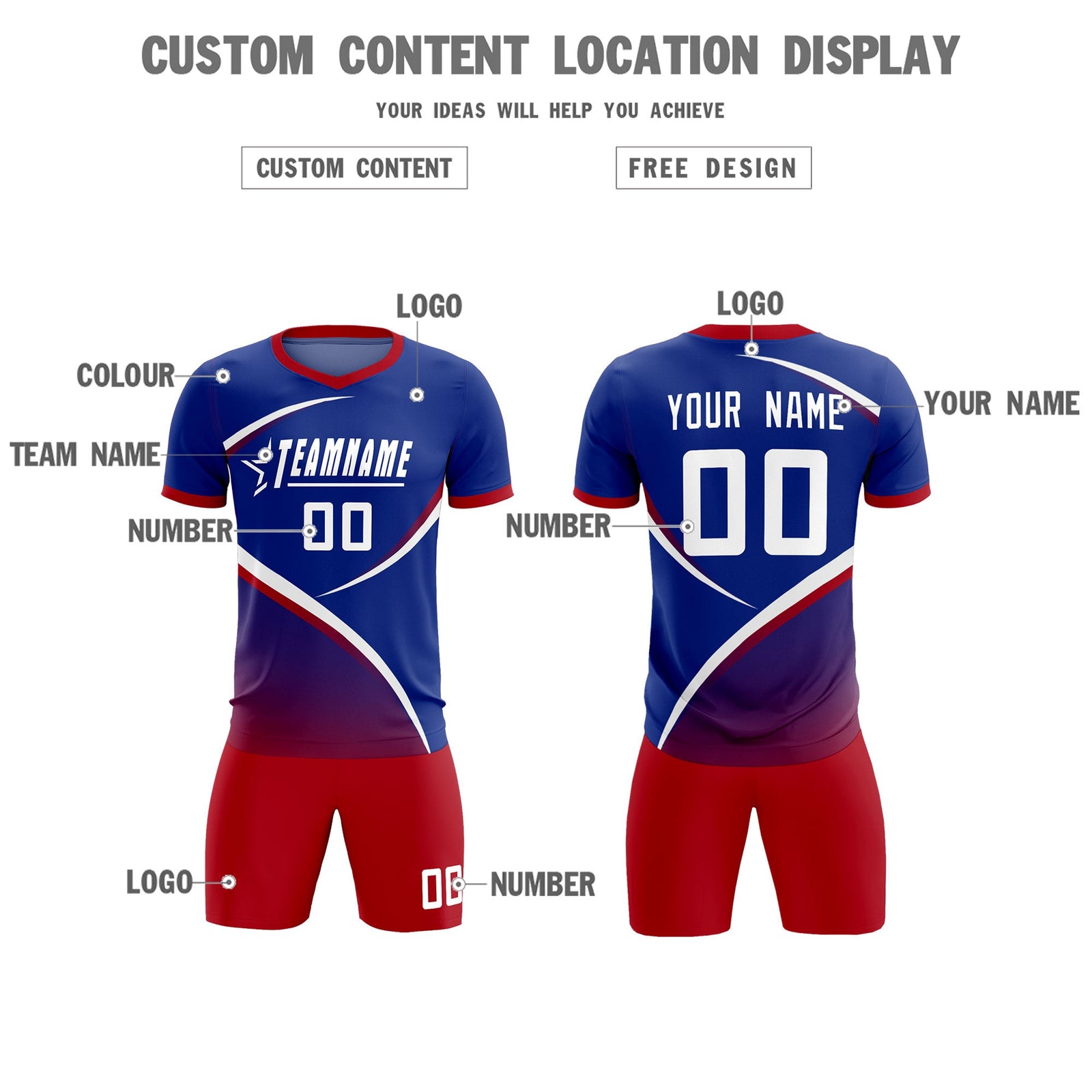 Custom Royal Red Color Block Training Uniform For Men Soccer Sets Jersey