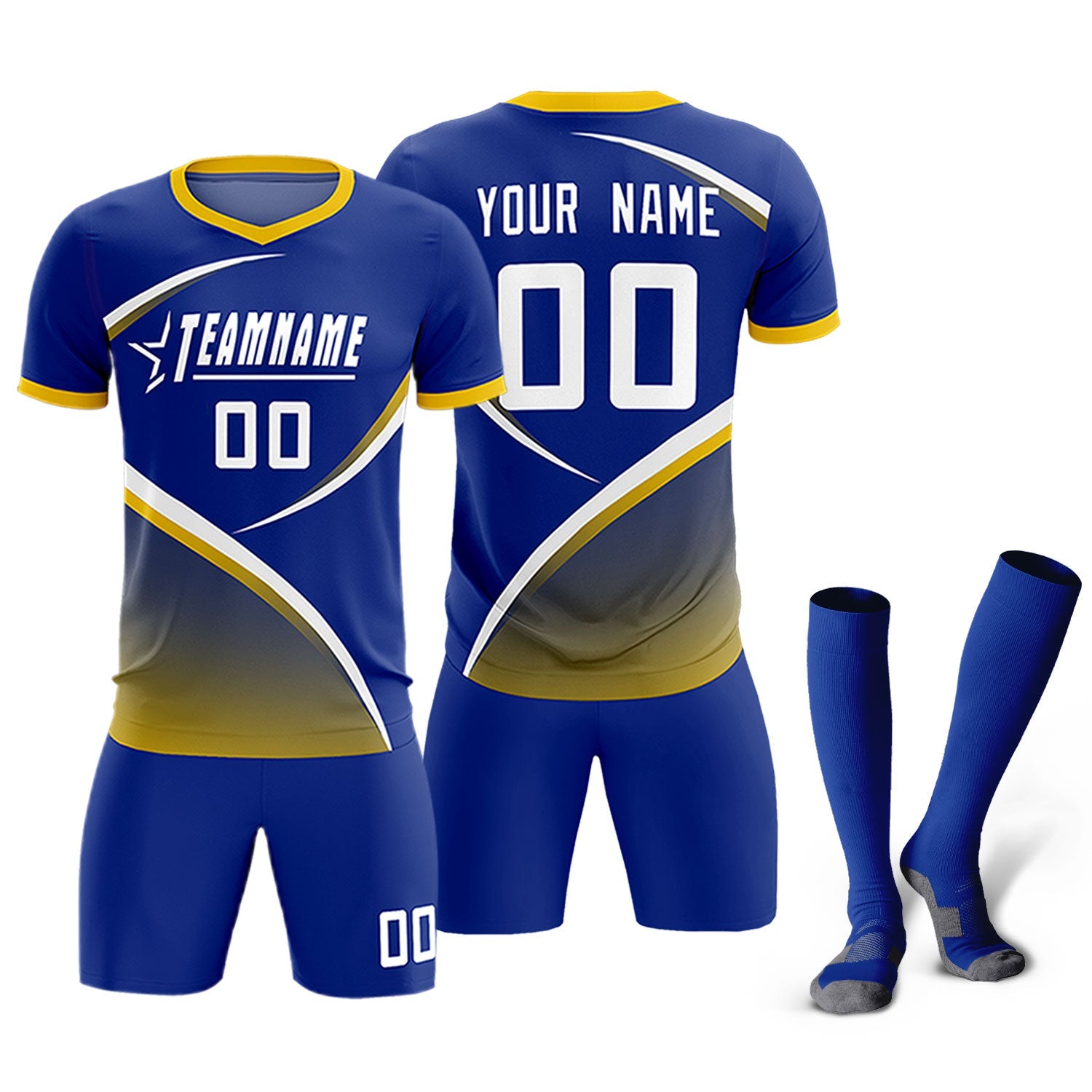 Custom Royal Gold Color Block Training Uniform For Men Soccer Sets Jersey