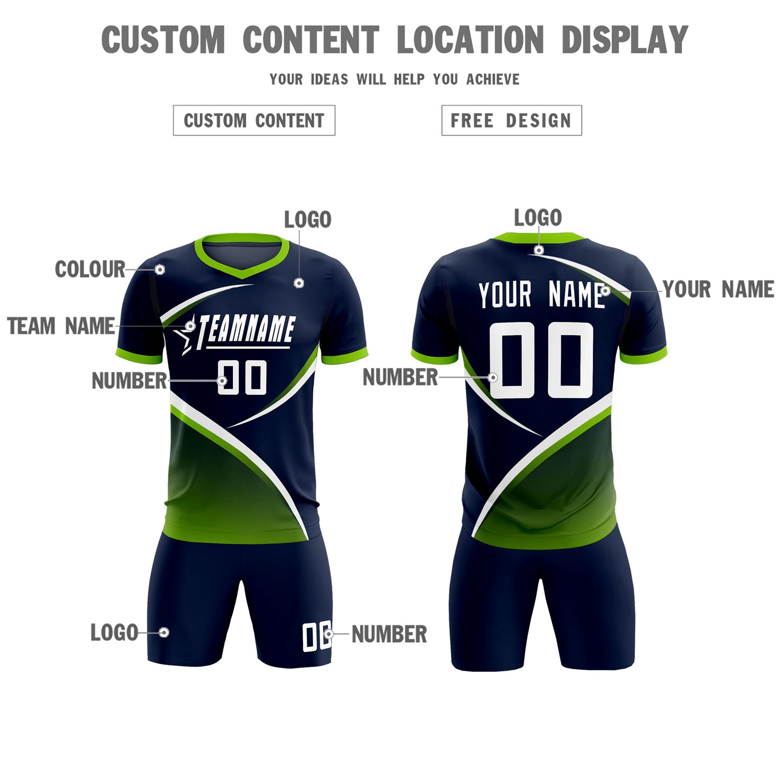 Custom Navy Neon Green Color Block Training Uniform For Men Soccer Sets Jersey