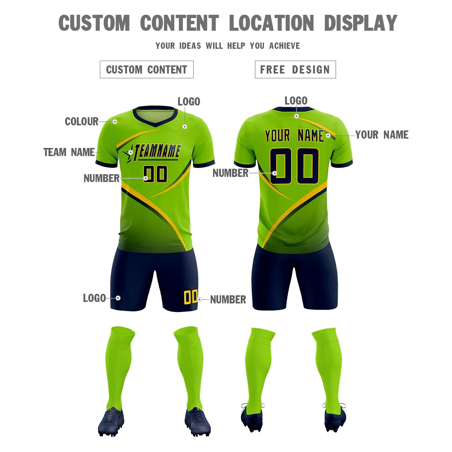 Custom Neon Green Navy Color Block Training Uniform For Men Soccer Sets Jersey