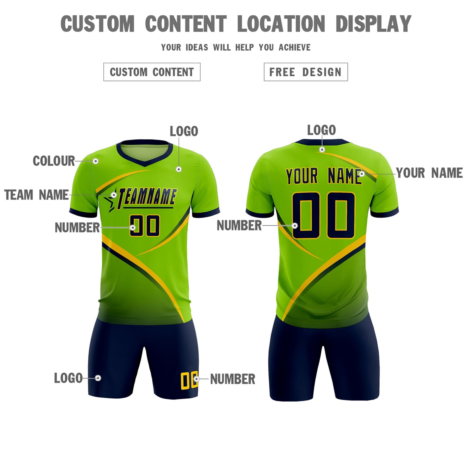 Custom Neon Green Navy Color Block Training Uniform For Men Soccer Sets Jersey