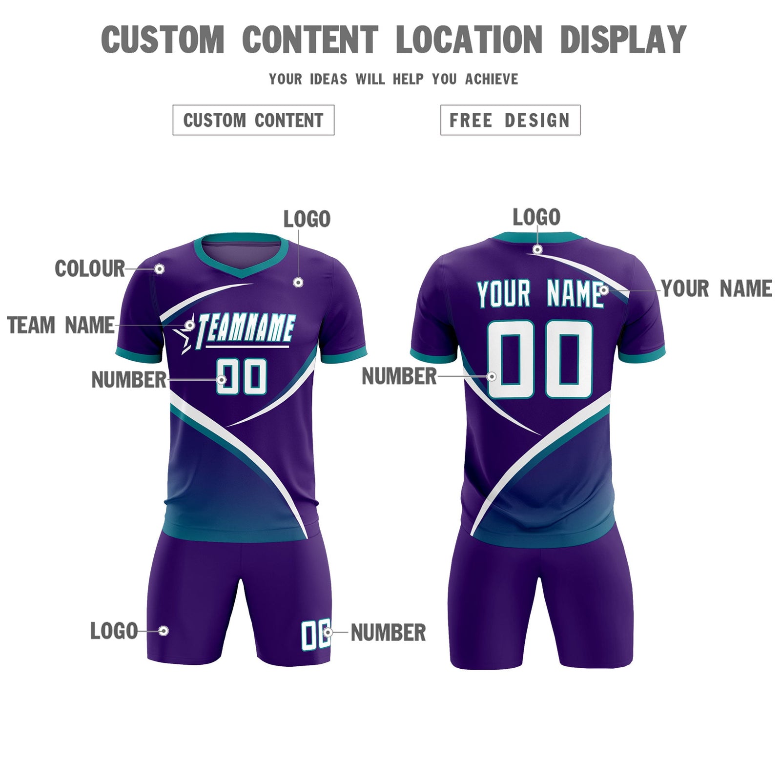 Custom Purple Aqua Color Block Training Uniform For Men Soccer Sets Jersey
