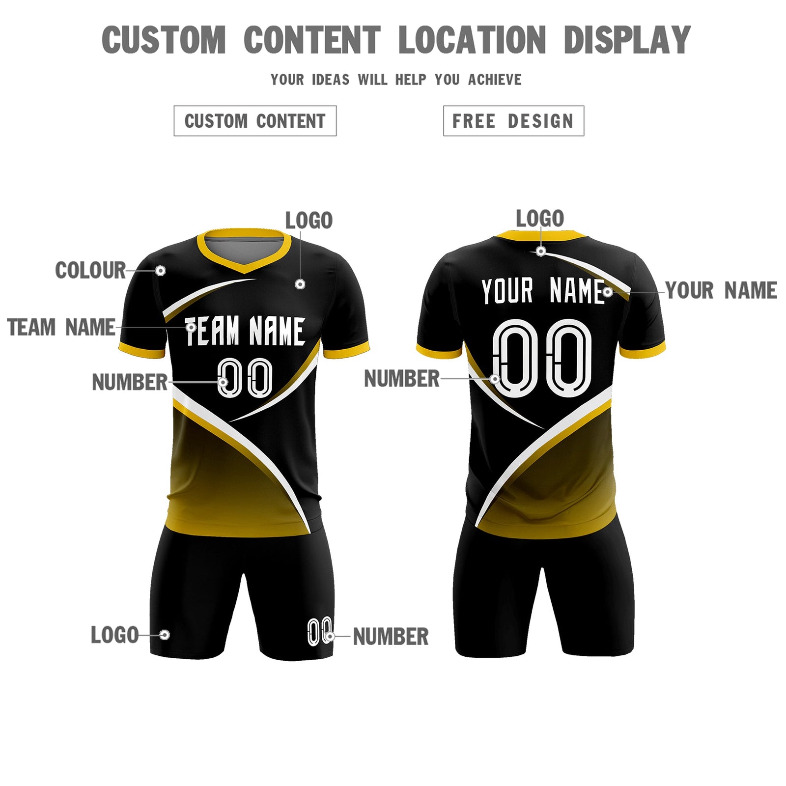 Custom Black Gold Color Block Training Uniform For Men Soccer Sets Jersey