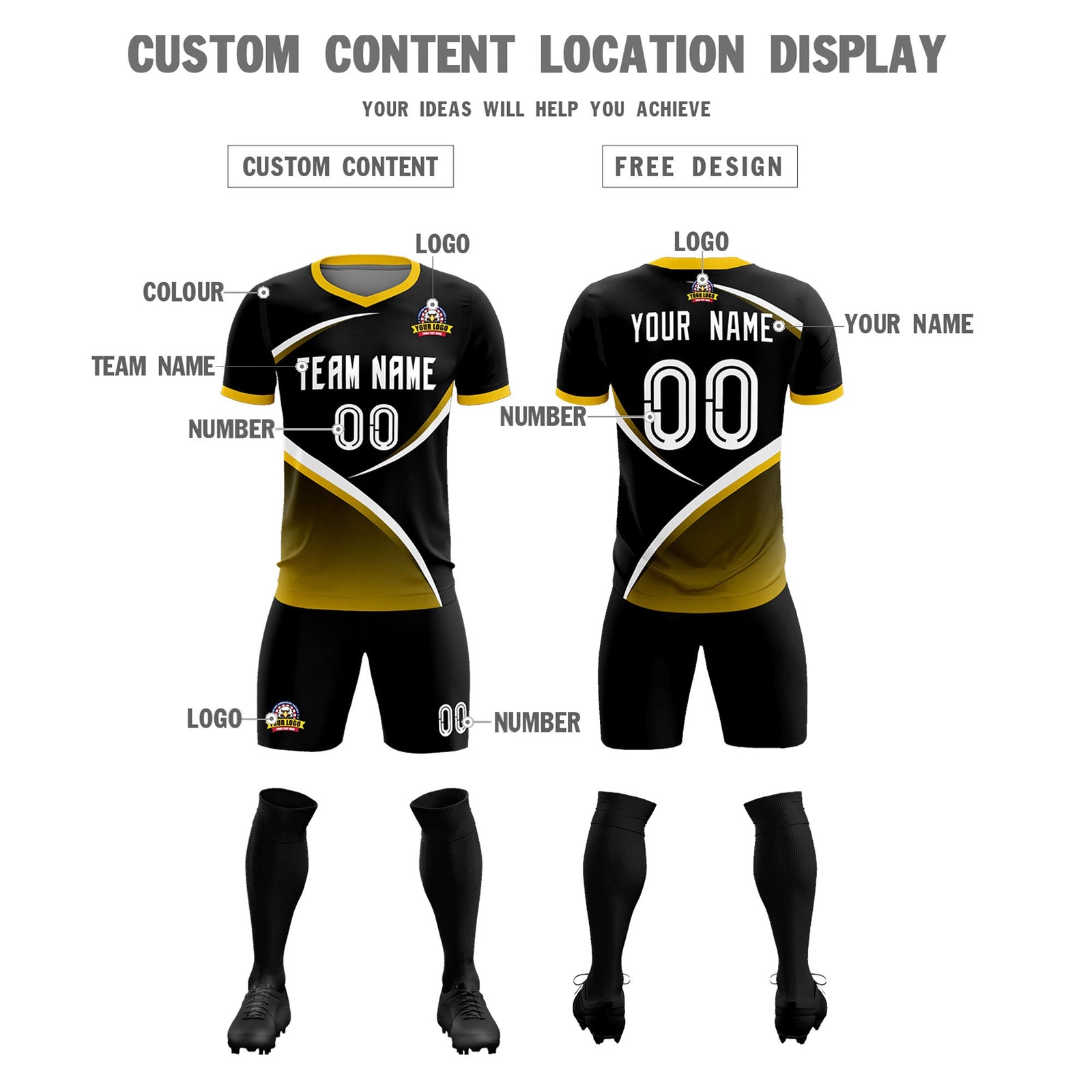 Custom Black Gold Color Block Training Uniform For Men Soccer Sets Jersey