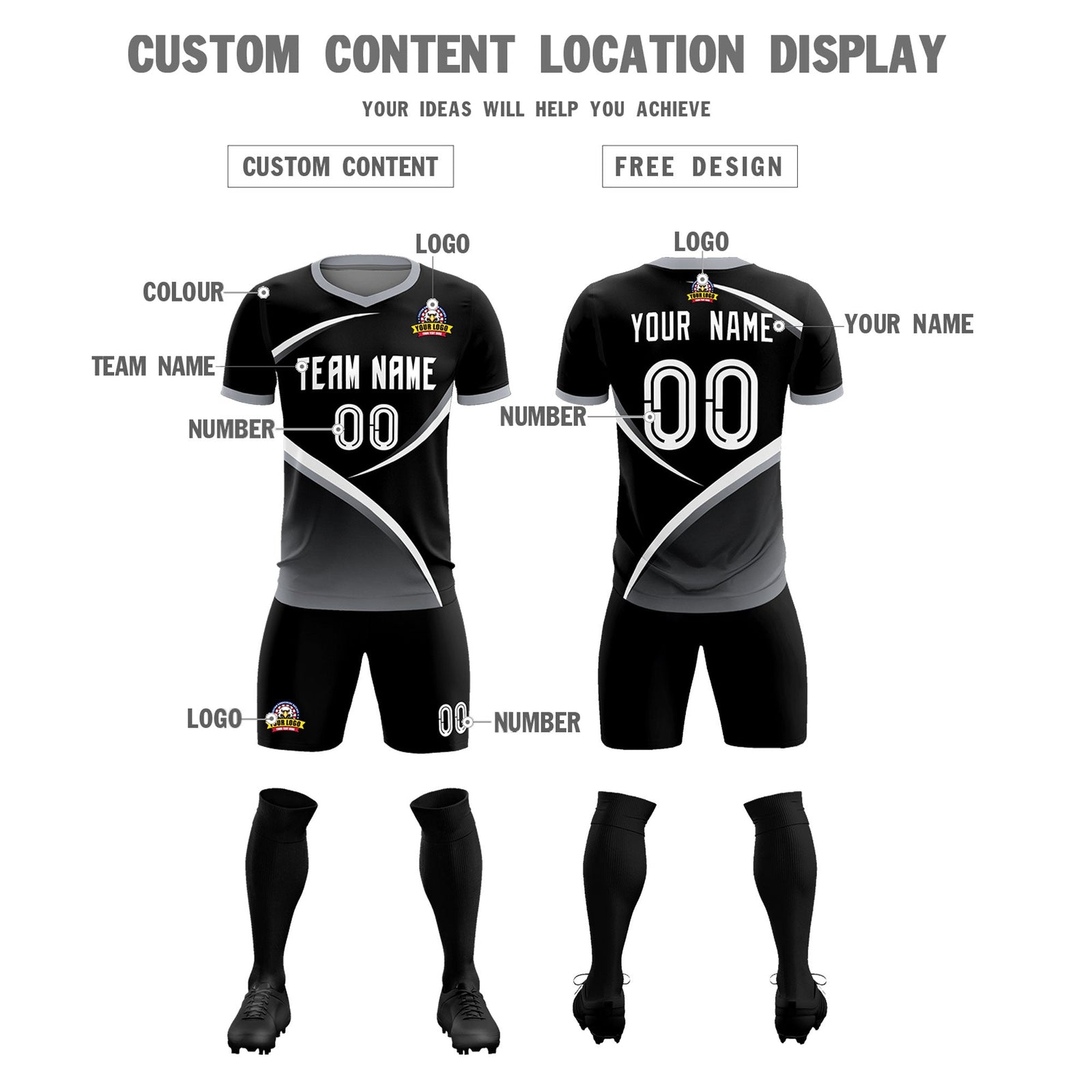 Custom Black Gray Color Block Training Uniform For Men Soccer Sets Jersey