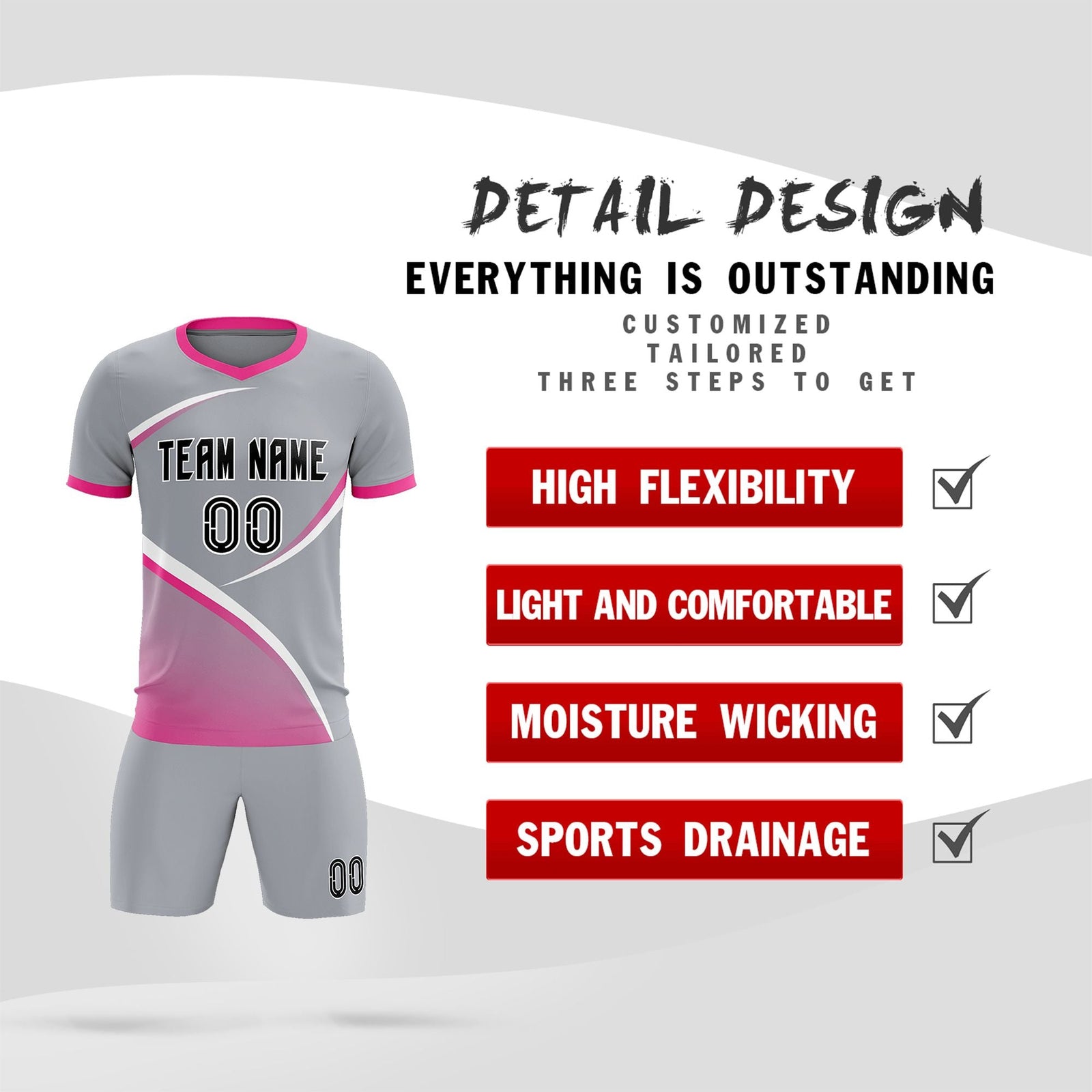 Custom Gray Pink Color Block Training Uniform For Men Soccer Sets Jersey