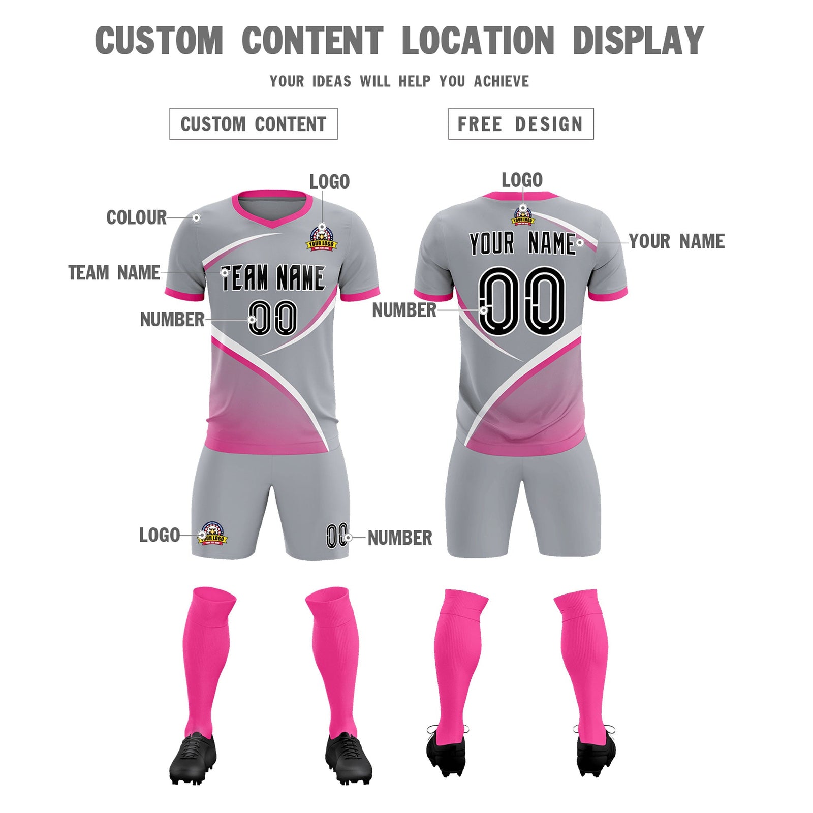 Custom Gray Pink Color Block Training Uniform For Men Soccer Sets Jersey
