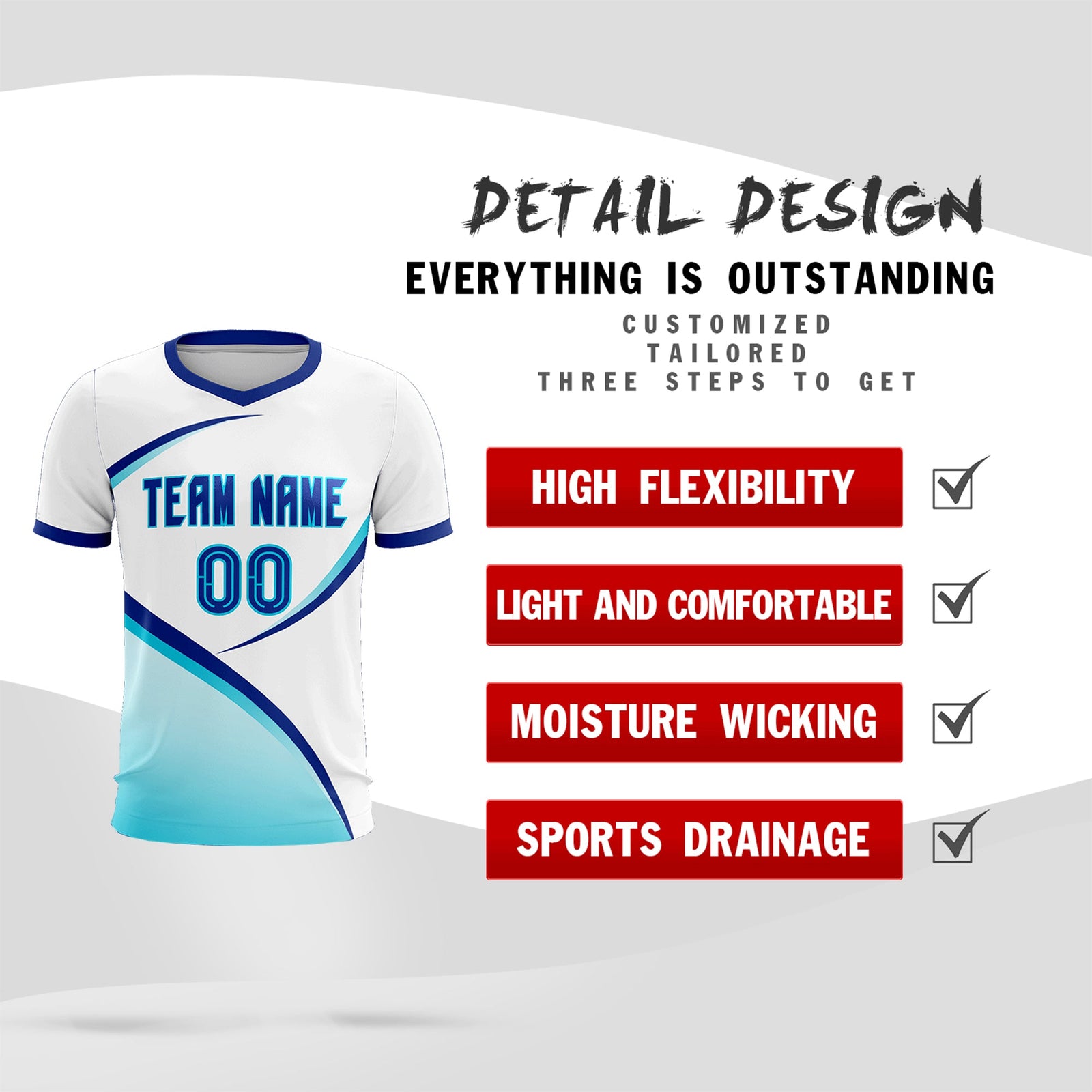 Custom White Sky Blue Color Block Training Uniform For Men Soccer Sets Jersey